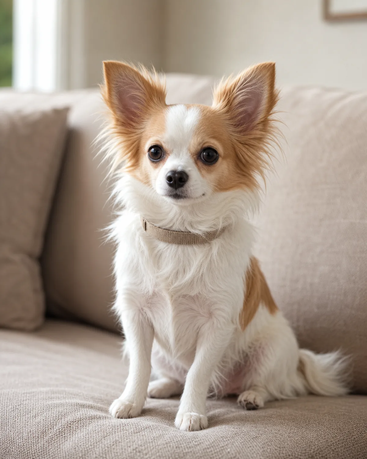 small toy-sized fluffy dog sitting calmly on a couch with a plain flat collar visible, calm neutral portrait