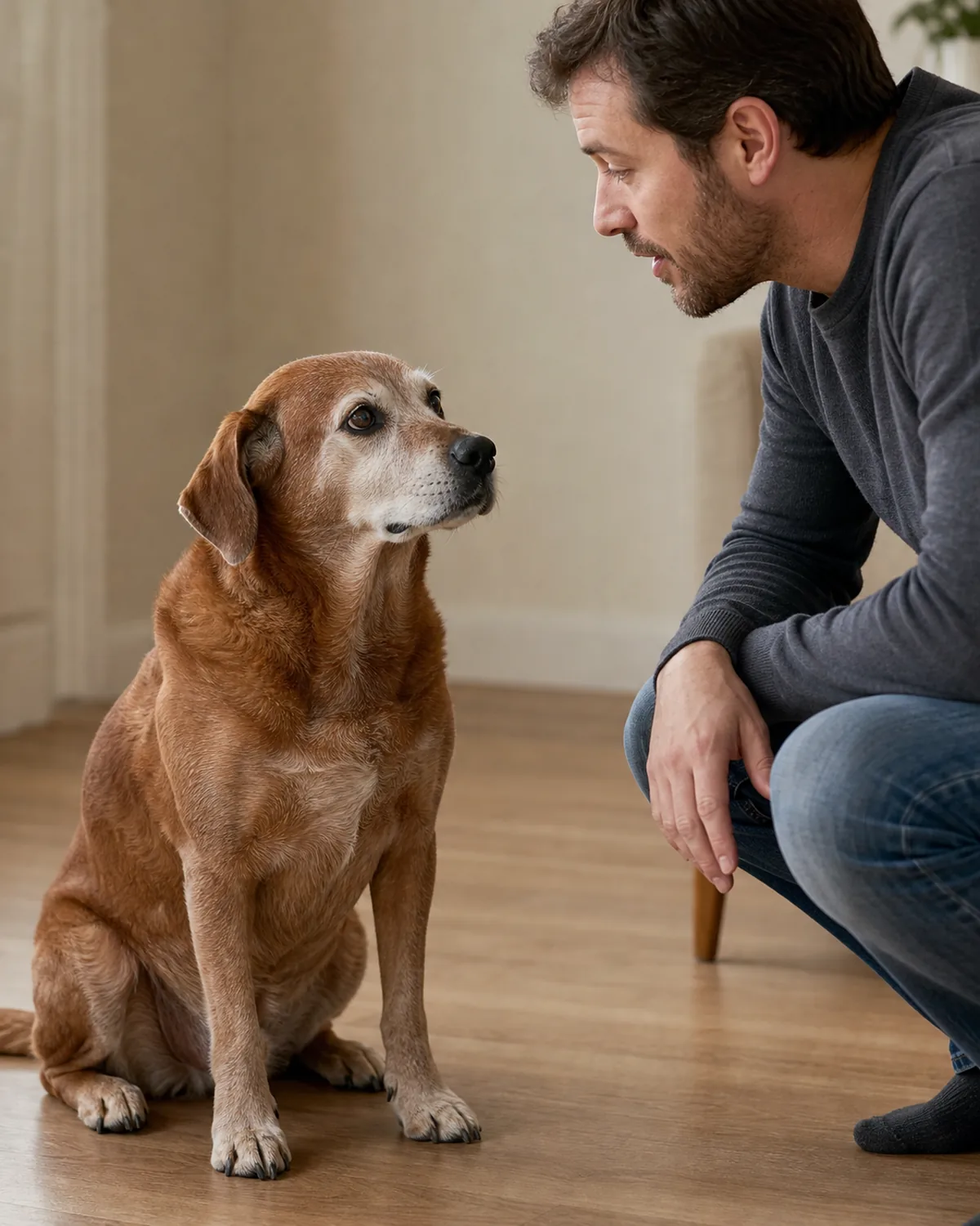 senior dog with a greying muzzle sitting calmly while owner crouches nearby speaking in a calm neutral tone