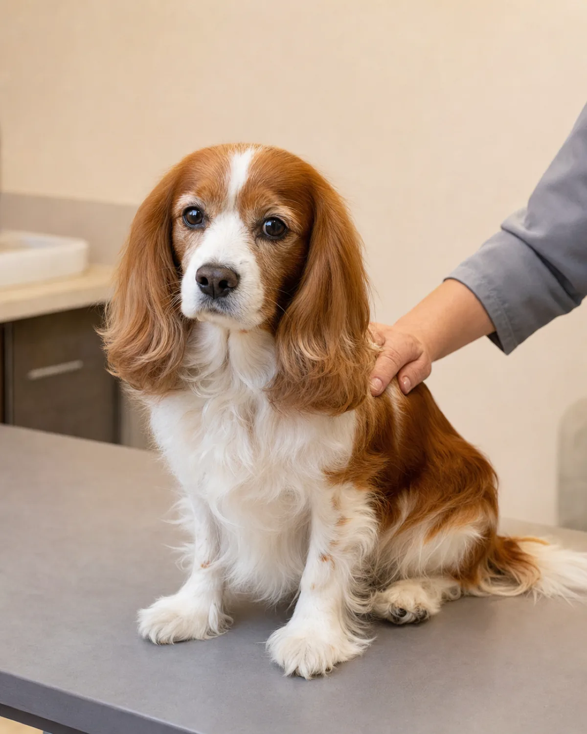 adult dog calmly sitting on an exam table with a vet's hand resting on its back
