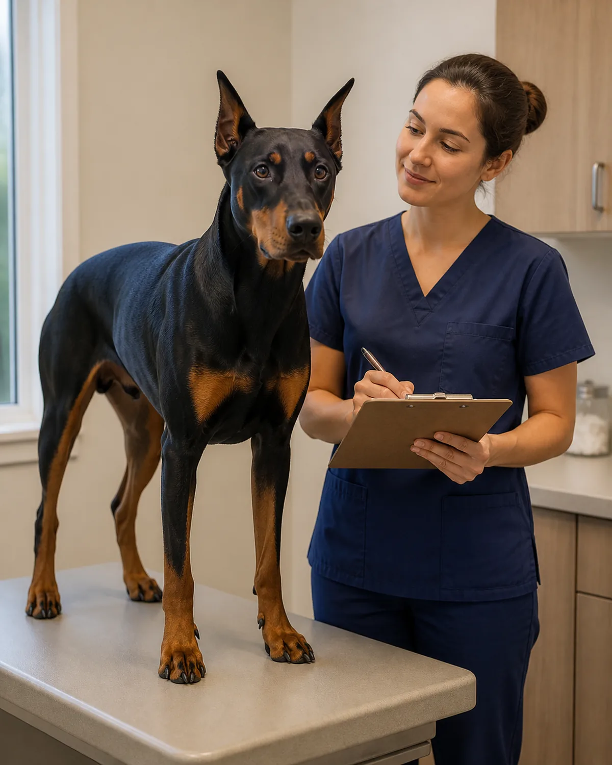 puppy standing calmly beside a vet holding a clipboard, no needle visible