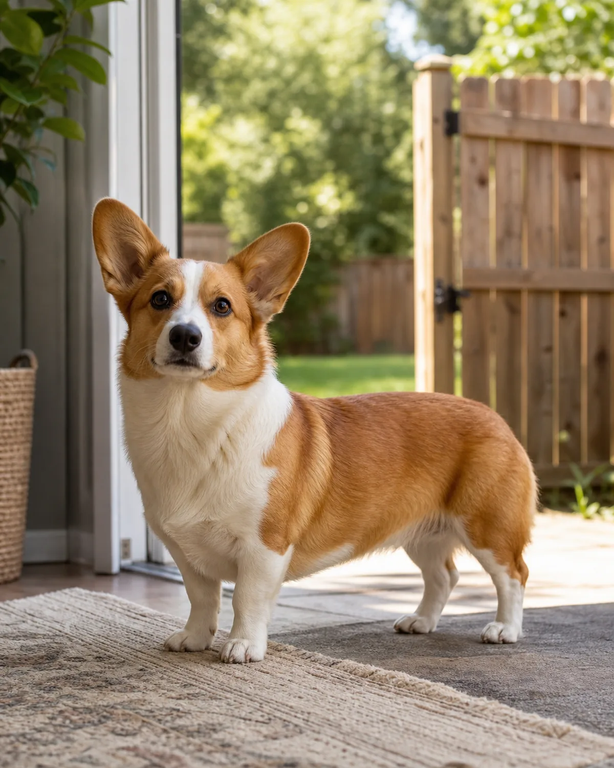 small dog standing at a fenced backyard gate, calm