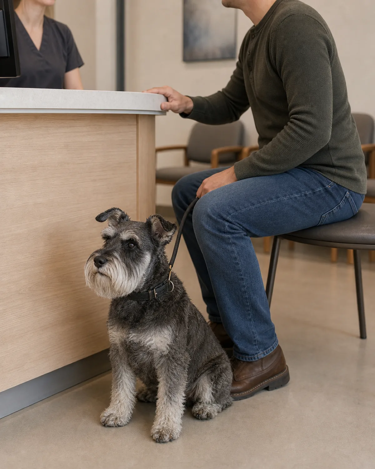 small dog sitting beside a person at a reception desk, calm waiting-room scene