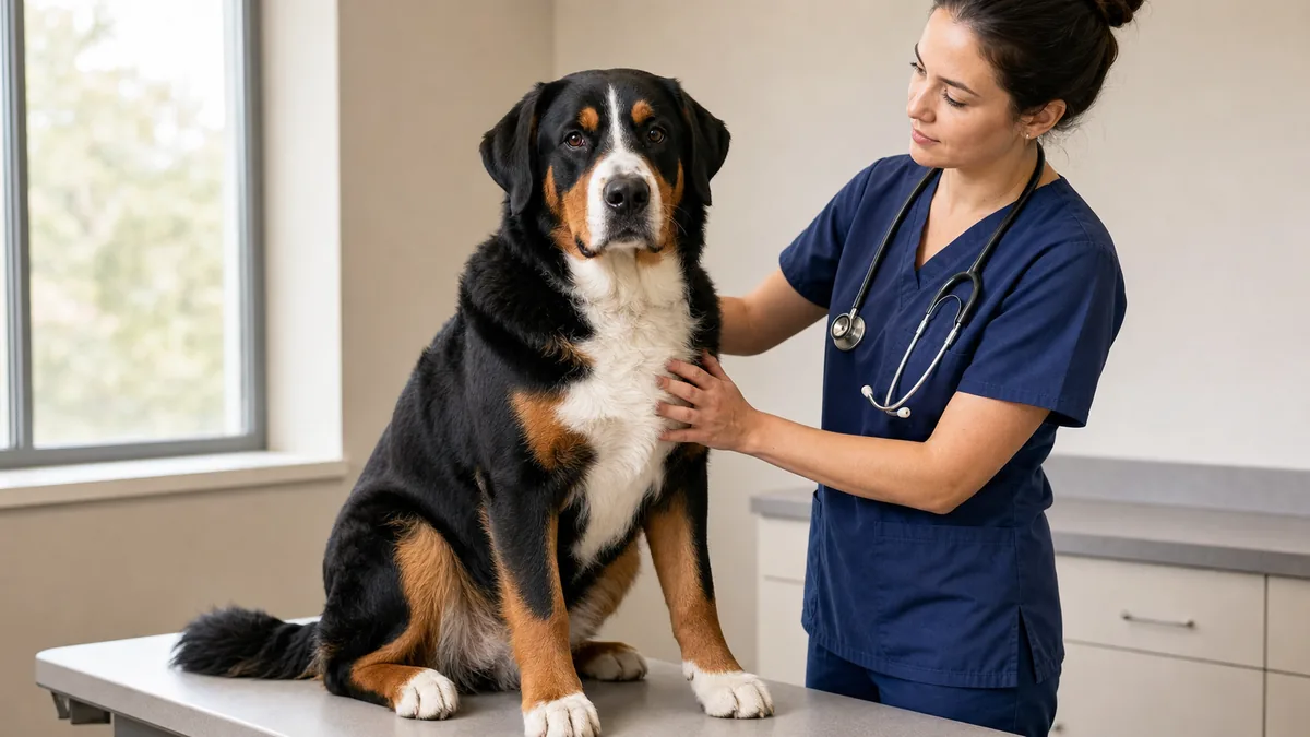 a large sturdy dog with a thick tricolor coat, black body, rust eyebrows and legs, white chest blaze, and floppy ears (sitting calmly on an exam table, a vet tech gently checking it over, calm clinic setting, soft light)