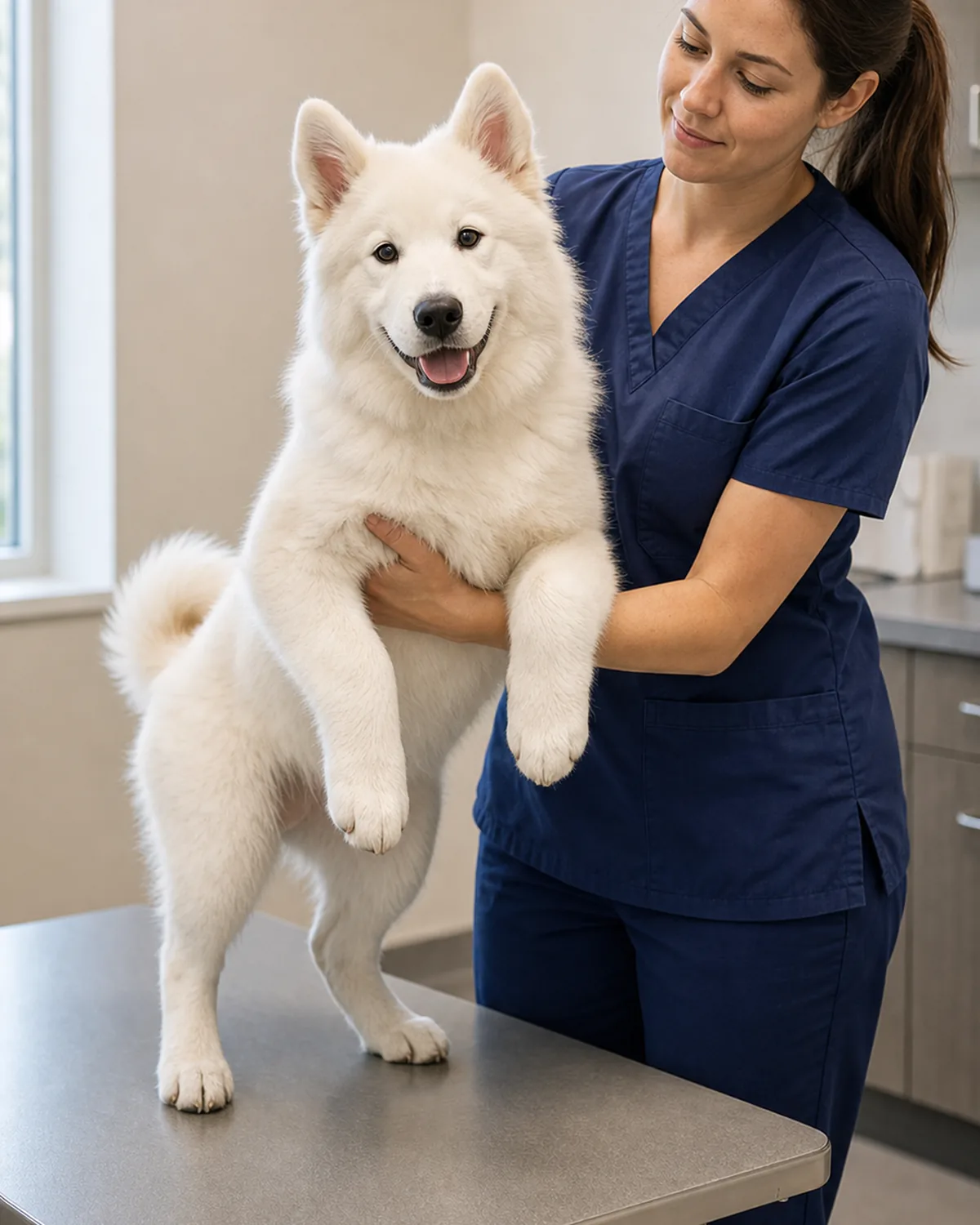 large white-coated puppy being lifted gently onto an exam table by a vet