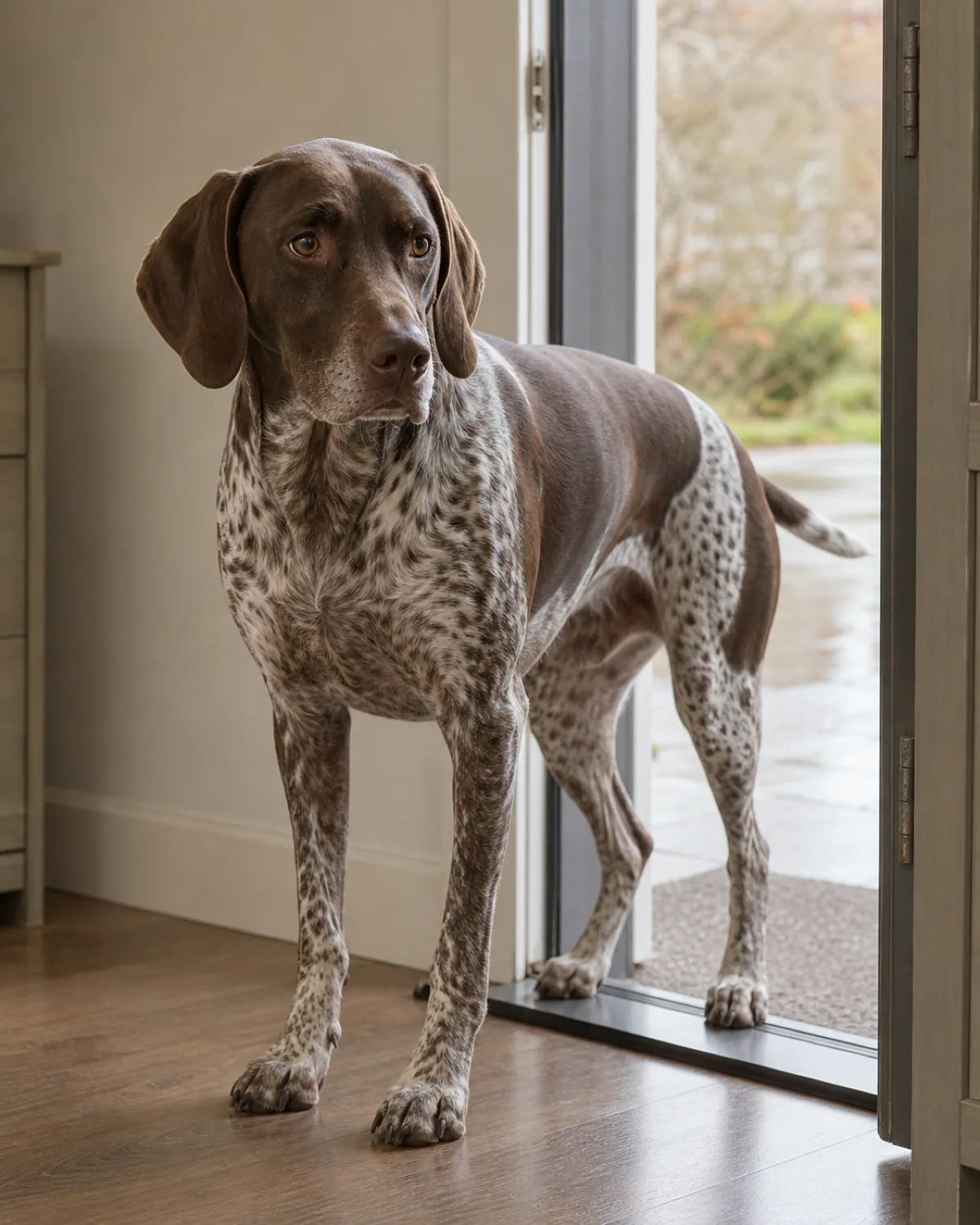 large lean dog standing at a threshold between an indoor room and an open door, cautious body language