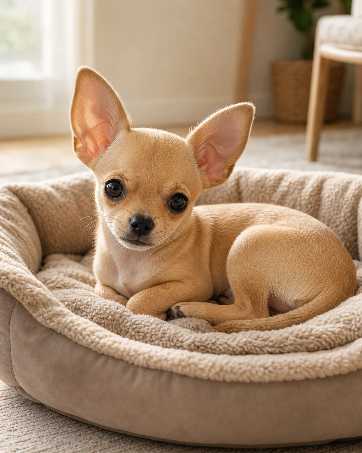 small dog resting calmly on a soft bed indoors, cozy contained home scene