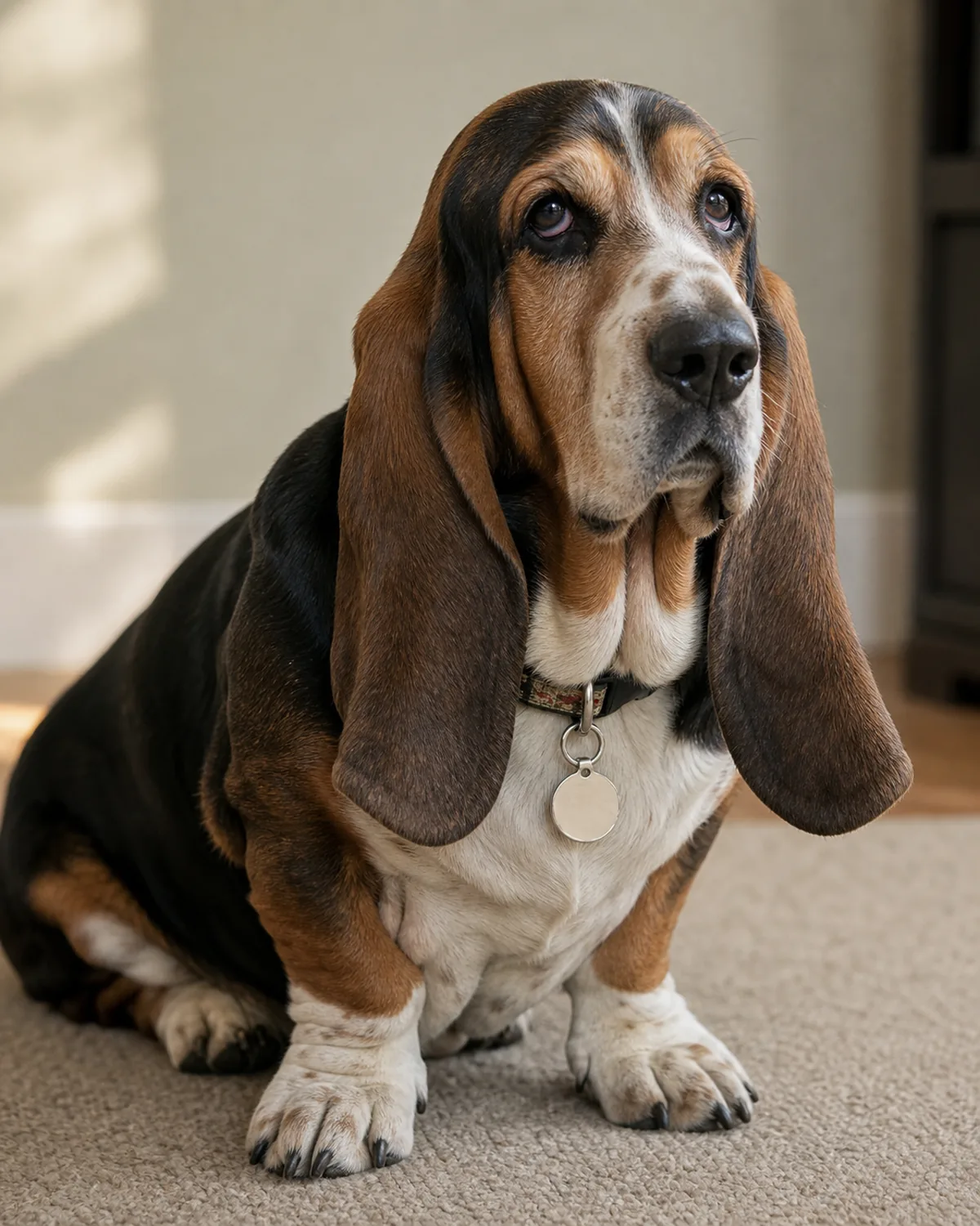 puppy sitting with a collar and rabies tag visible, calm portrait