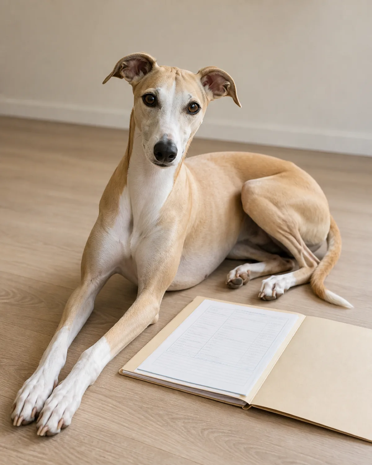 dog lying on the floor beside an open paper folder or record book at home