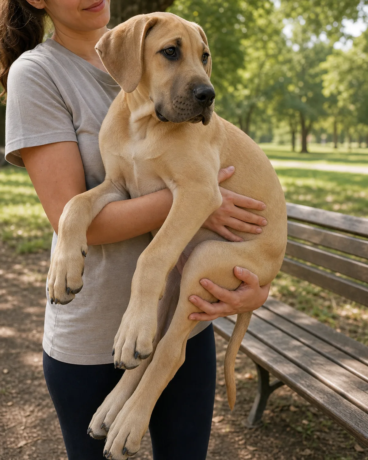 puppy being carried in a person's arms outdoors near a park bench, calm