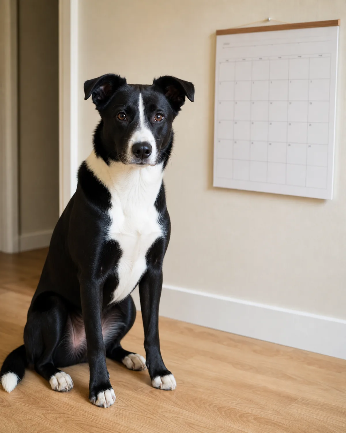 puppy sitting attentively beside a wall calendar, alert and engaged