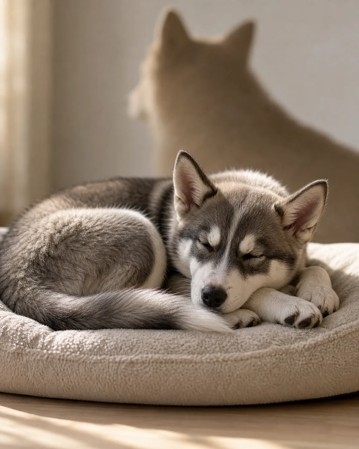 puppy curled up sleeping against a parent dog silhouette, soft home light