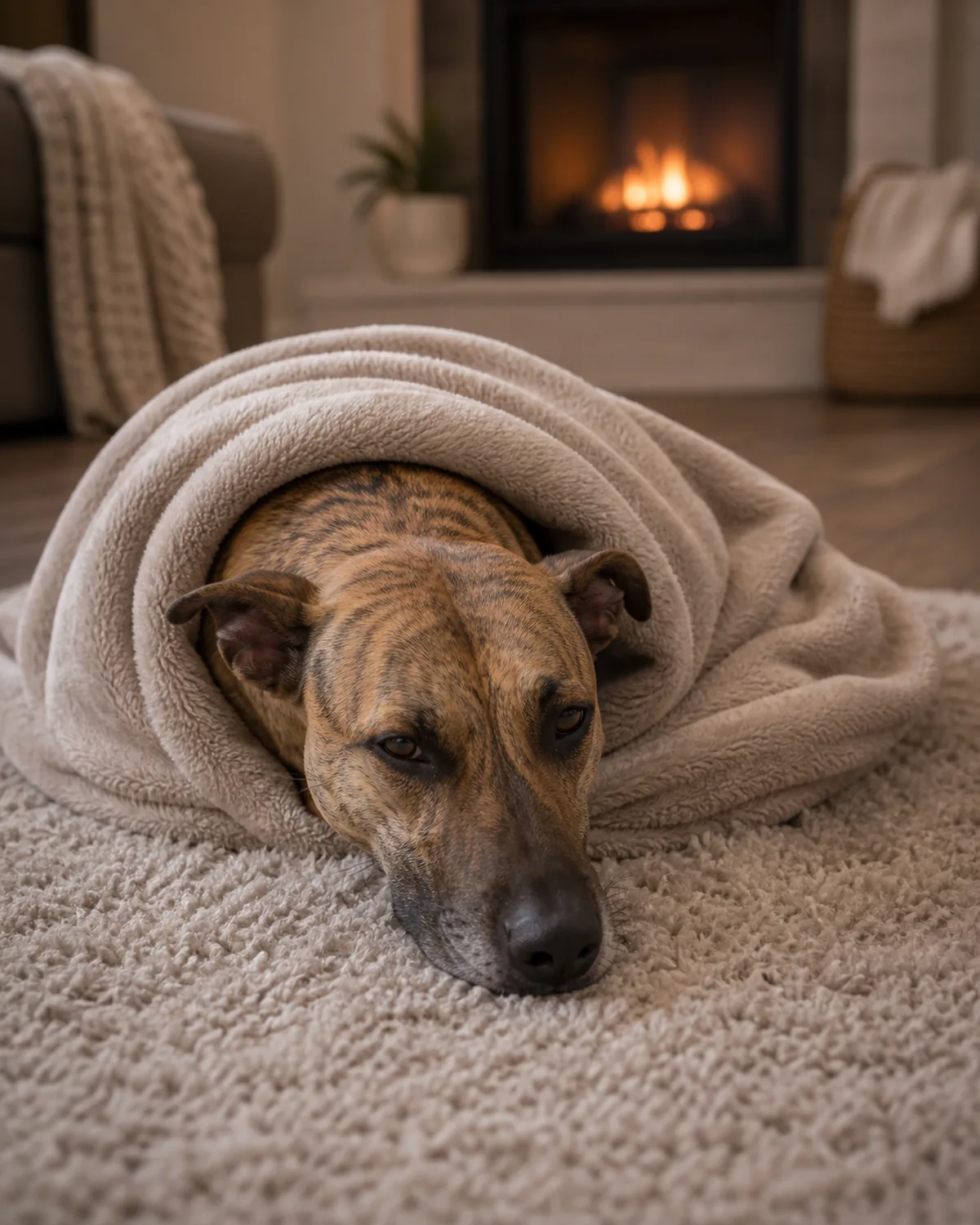 a medium-large lean dog with a short fawn-and-brindle coat, a tucked waist and rose-folded semi-erect ears wrapped in a soft blanket, resting calmly near a softly glowing fireplace in the background