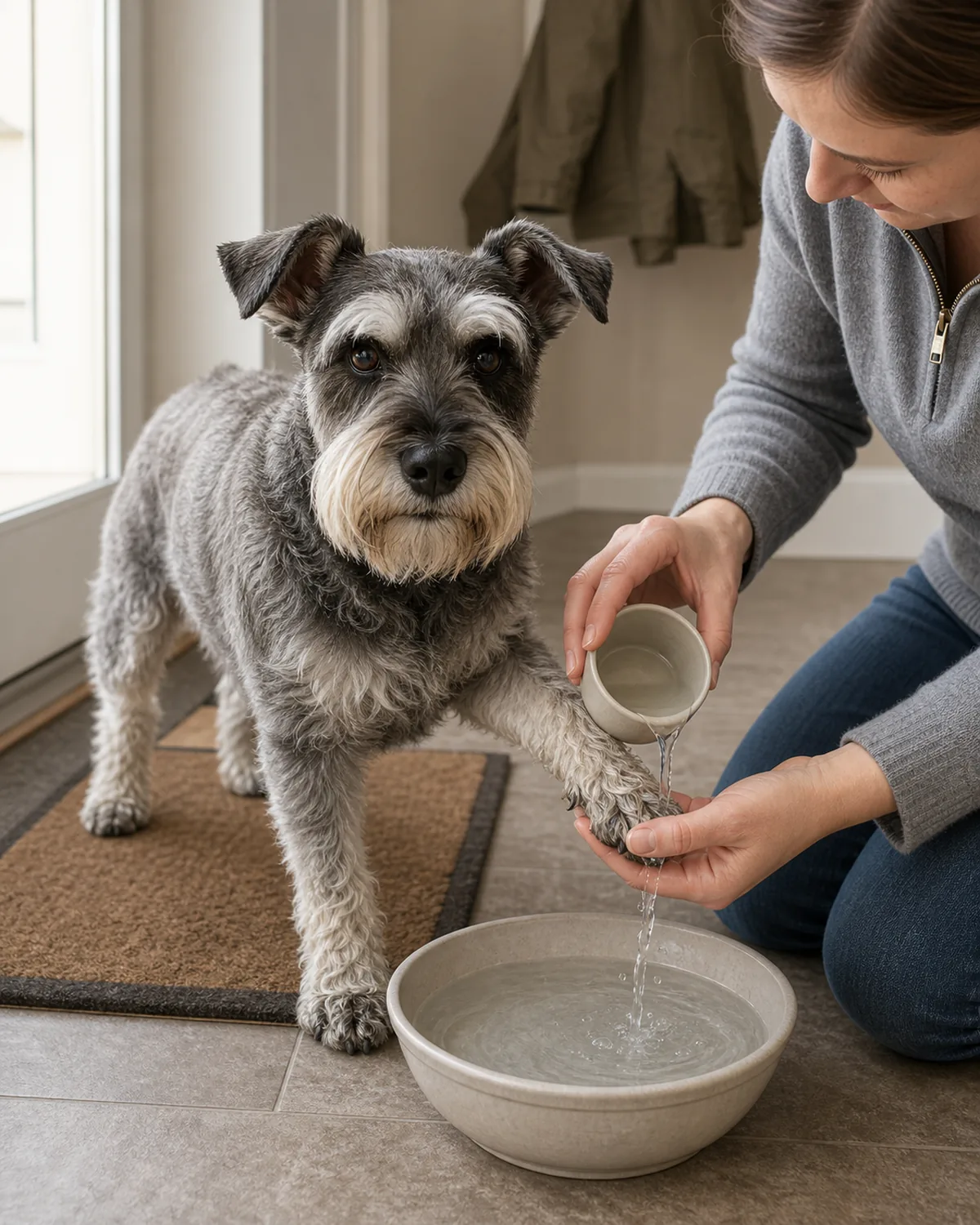 a small square dog with a wiry salt-and-pepper grey coat, bushy eyebrows and semi-erect ears standing beside a shallow basin near a doormat while a person rinses one paw with warm water