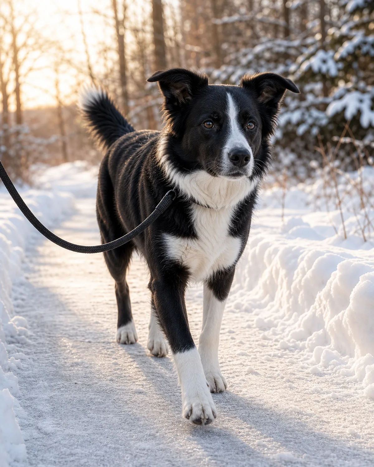 a medium athletic dog with a black-and-white coat, white blaze, collar and chest, medium fur and semi-erect ears walking on a cleared snowy path in low golden winter light