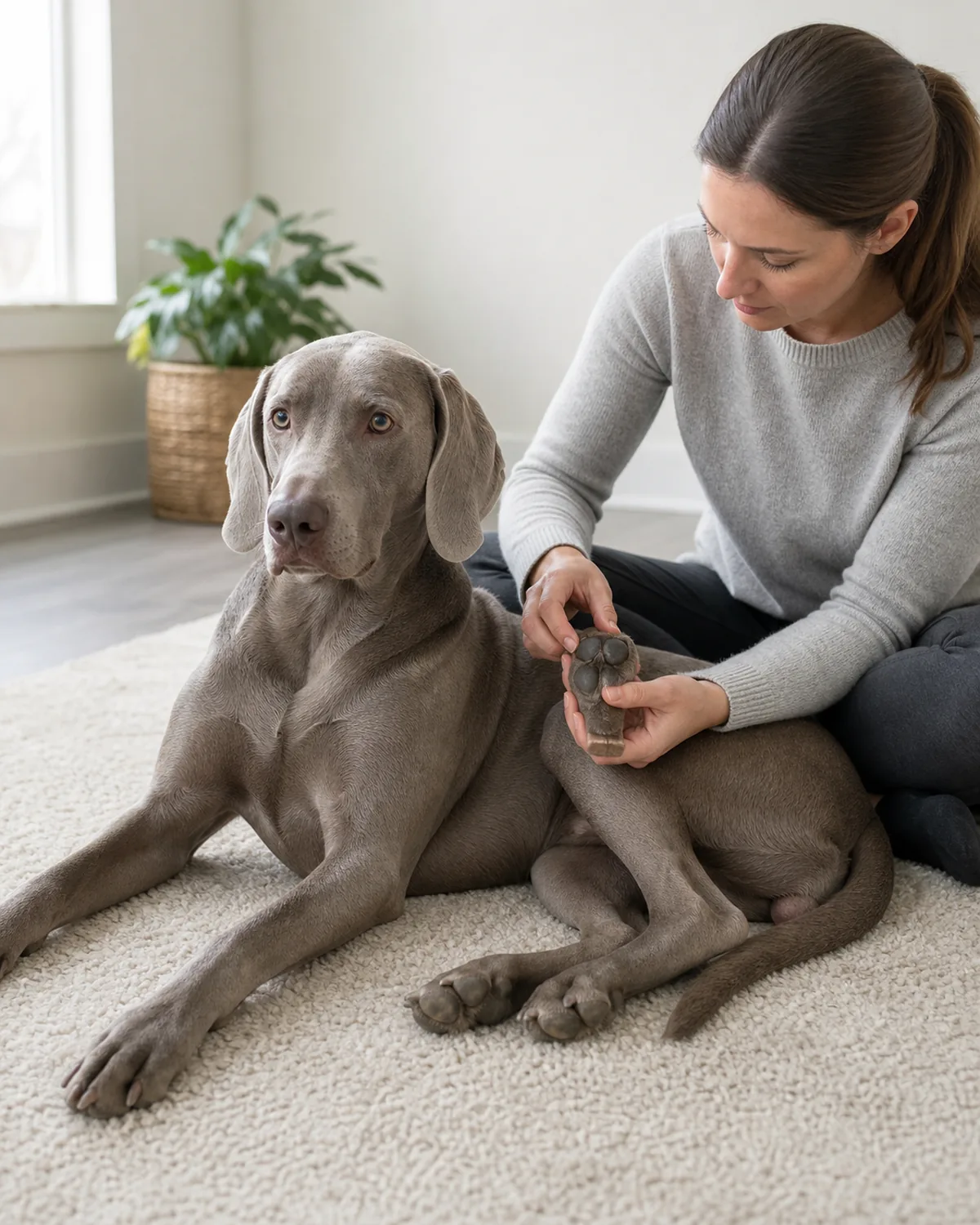 a large sleek dog with a solid silver-grey short coat, floppy ears and pale eyes lying on a rug while a person gently examines its paw pad