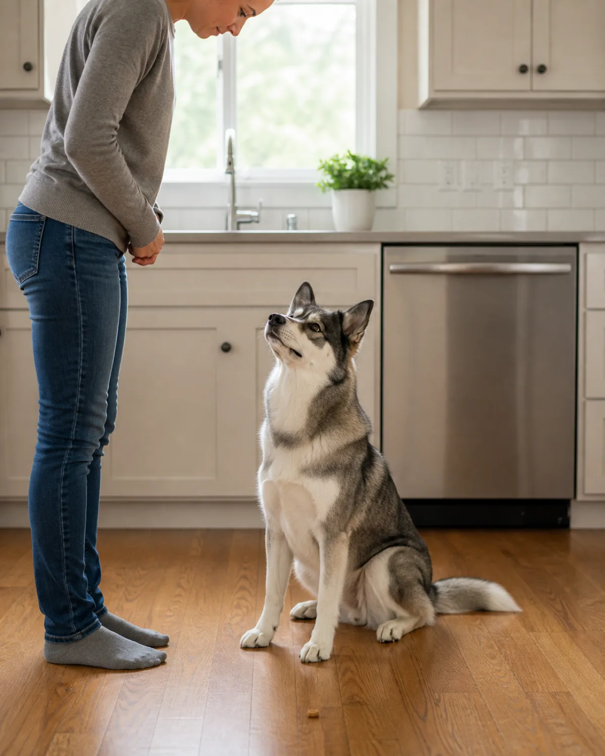 a medium athletic double-coated dog grey-and-white with a symmetric darker facial mask erect triangular ears and a bushy tail sitting on a hardwood floor looking up at a persons face instead of looking at a small treat placed on the floor about two feet away