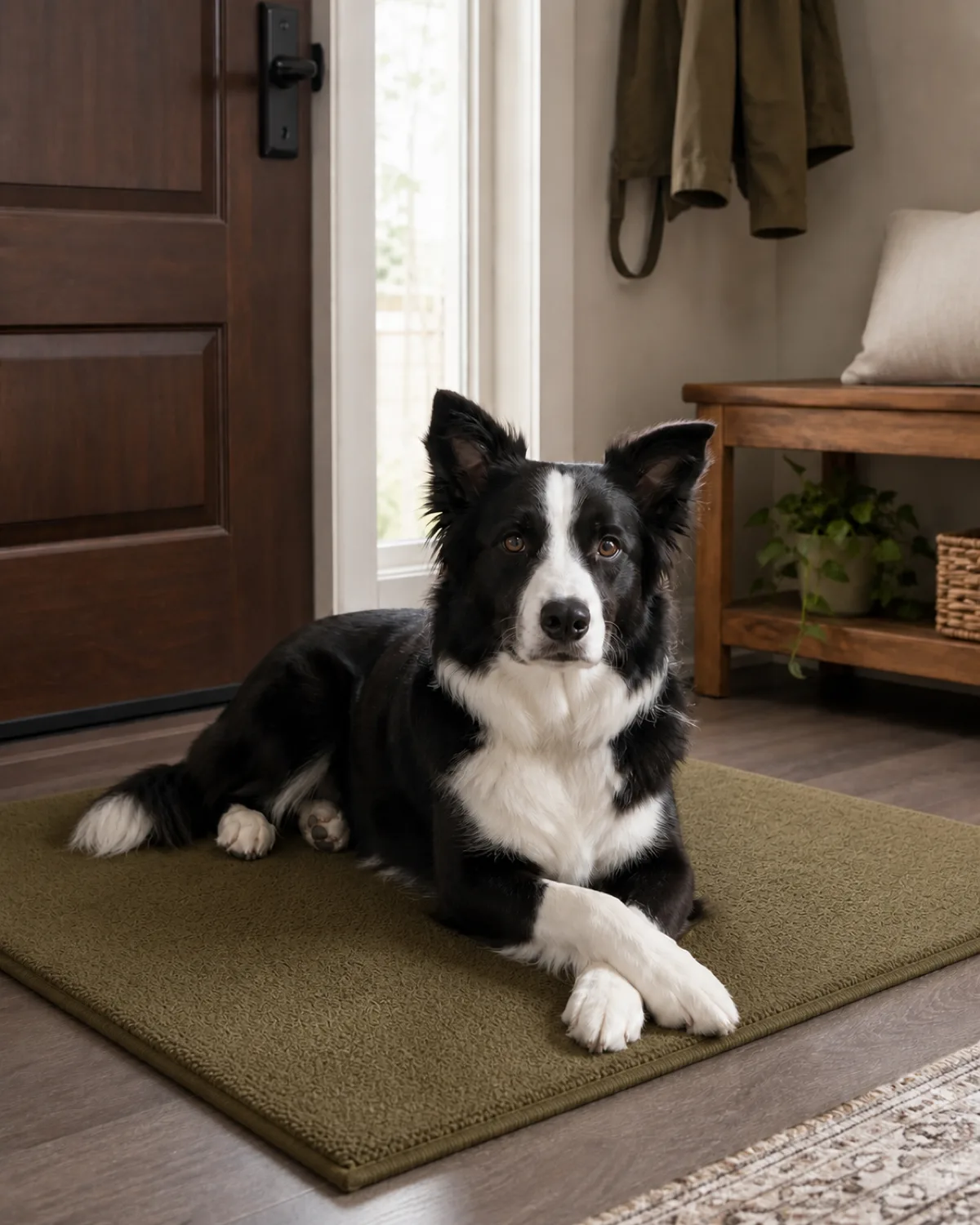 a medium athletic dog with a black-and-white coat white blaze on face white collar and chest medium-length fur semi-erect ears and an intense focused gaze lying on a flat rectangular olive-green dog mat placed near a front door in an entryway settled and relaxed with head up and alert