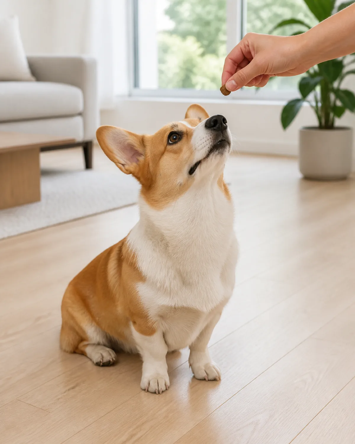 a small dog with very short legs and a long low body a red-and-white coat oversized erect ears and a foxy face sitting on a light hardwood floor in a bright modern living room looking up eagerly at a persons hand holding a small treat just above its nose