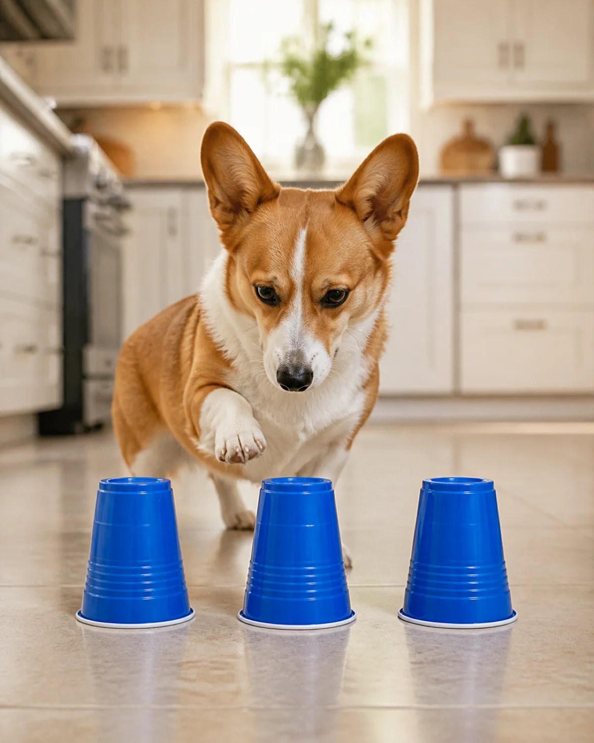 a small dog with very short legs and a long low body a red-and-white coat oversized erect ears and a foxy face staring intensely at three overturned blue plastic cups on a tile floor one paw raised slightly to tap a cup bright kitchen light