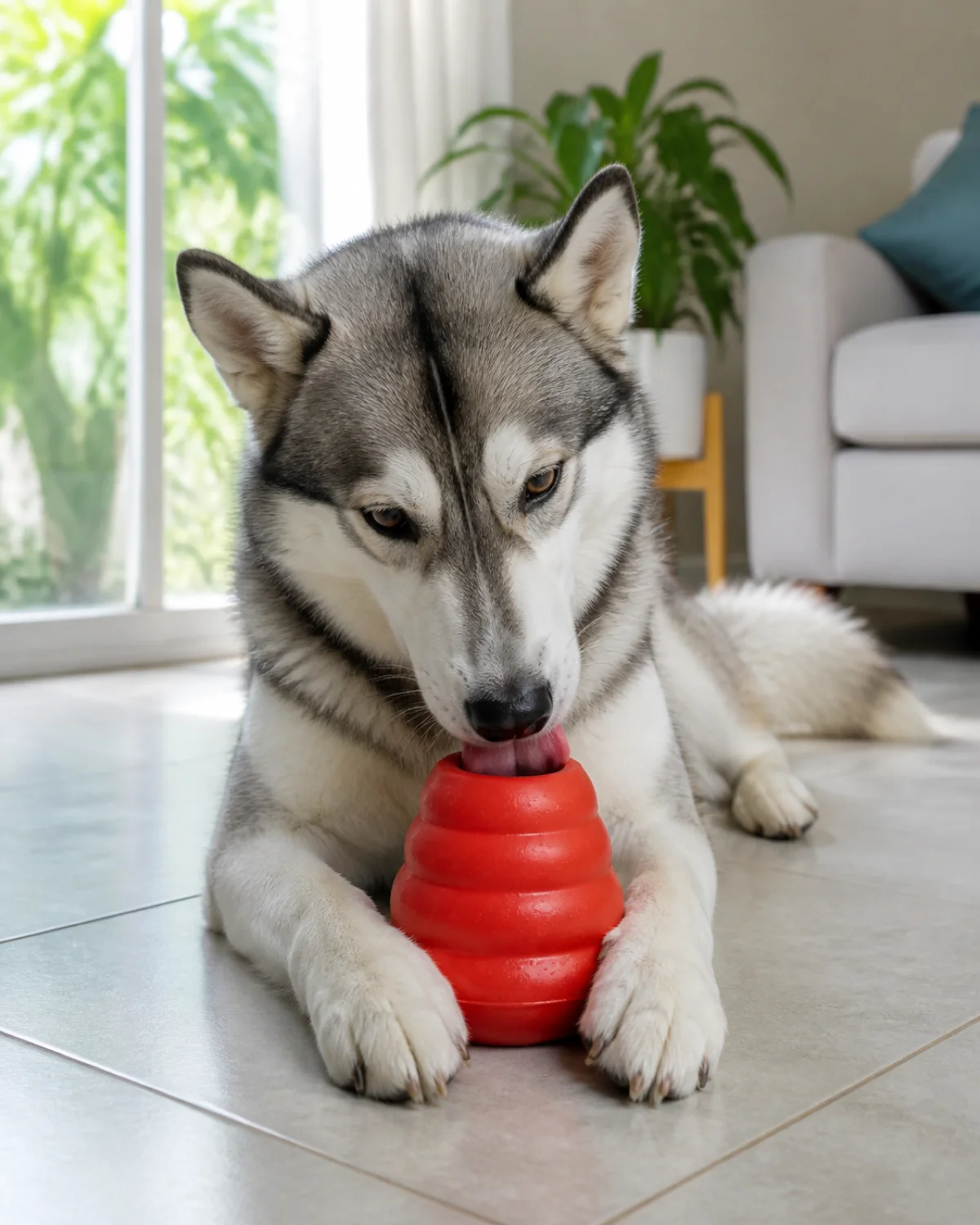 a medium athletic double-coated dog grey-and-white with a symmetric darker facial mask erect triangular ears and a bushy tail lying on a cool tile floor holding a frozen red Kong toy between its front paws tongue working at the opening summer light