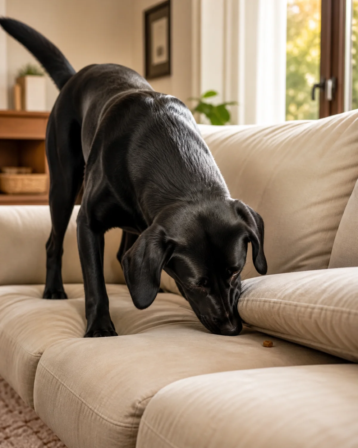 a large athletic solid-black short-coated dog with floppy ears and a glossy coat sniffing behind a sofa cushion tail up and wagging discovering a hidden treat living room with afternoon light