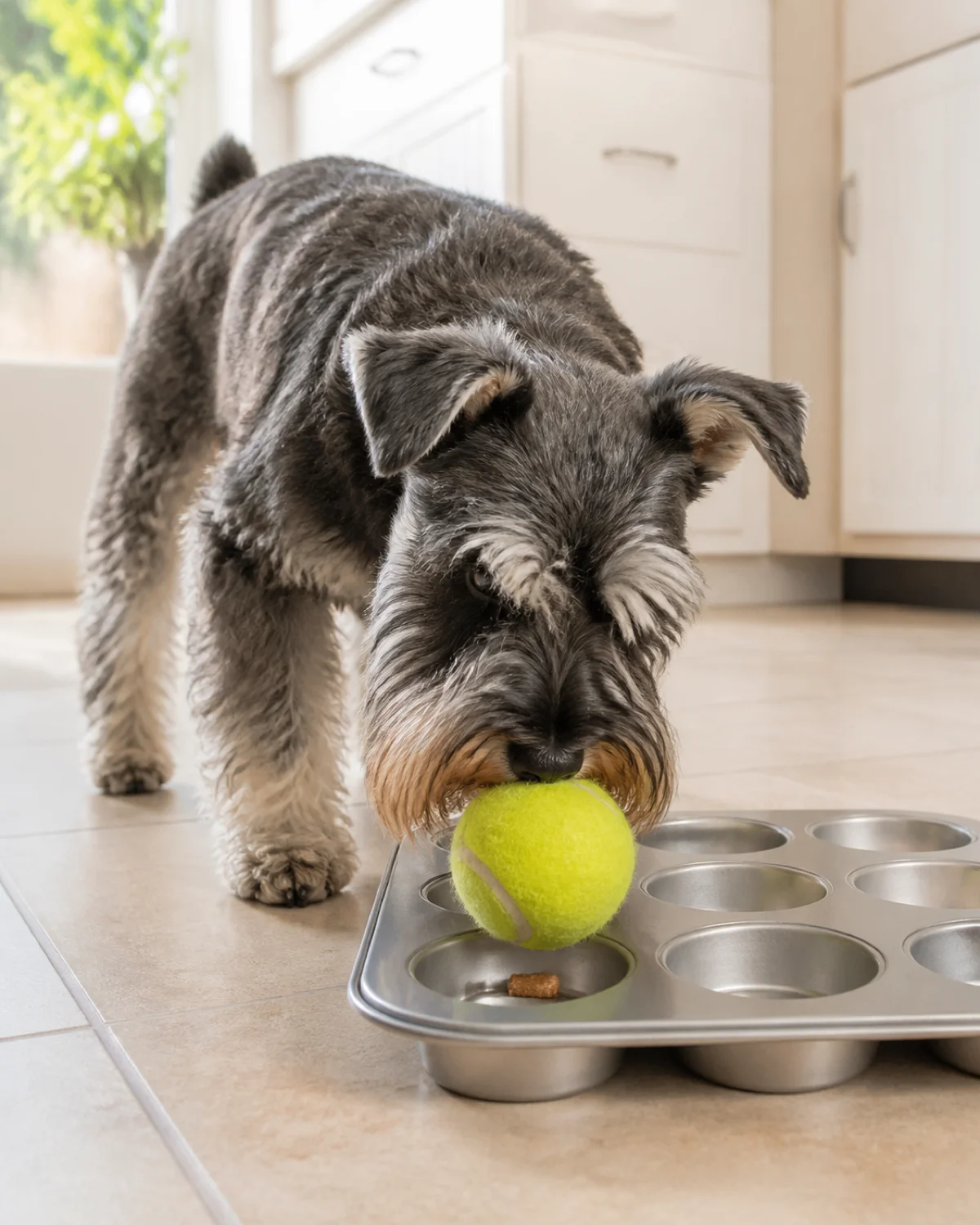 a small square dog with a wiry salt-and-pepper grey coat bushy eyebrows and beard and semi-erect ears pushing a yellow tennis ball off a metal muffin tin with its nose to reveal a treat underneath on a kitchen floor morning light