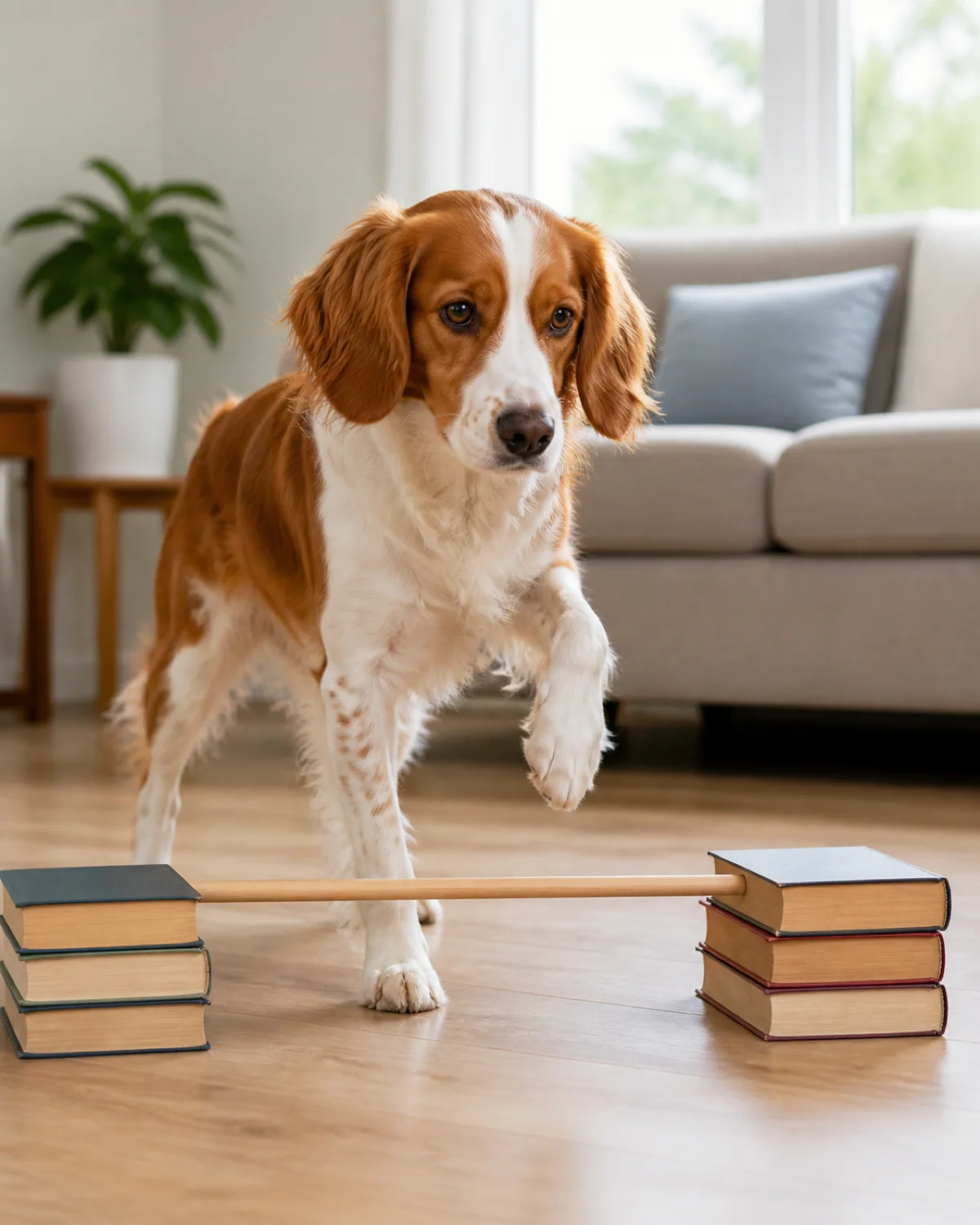 a medium athletic dog with an orange-and-white medium coat long feathered drop ears and feathered legs stepping carefully over a broomstick balanced between two stacks of books on the floor in a bright living room natural light
