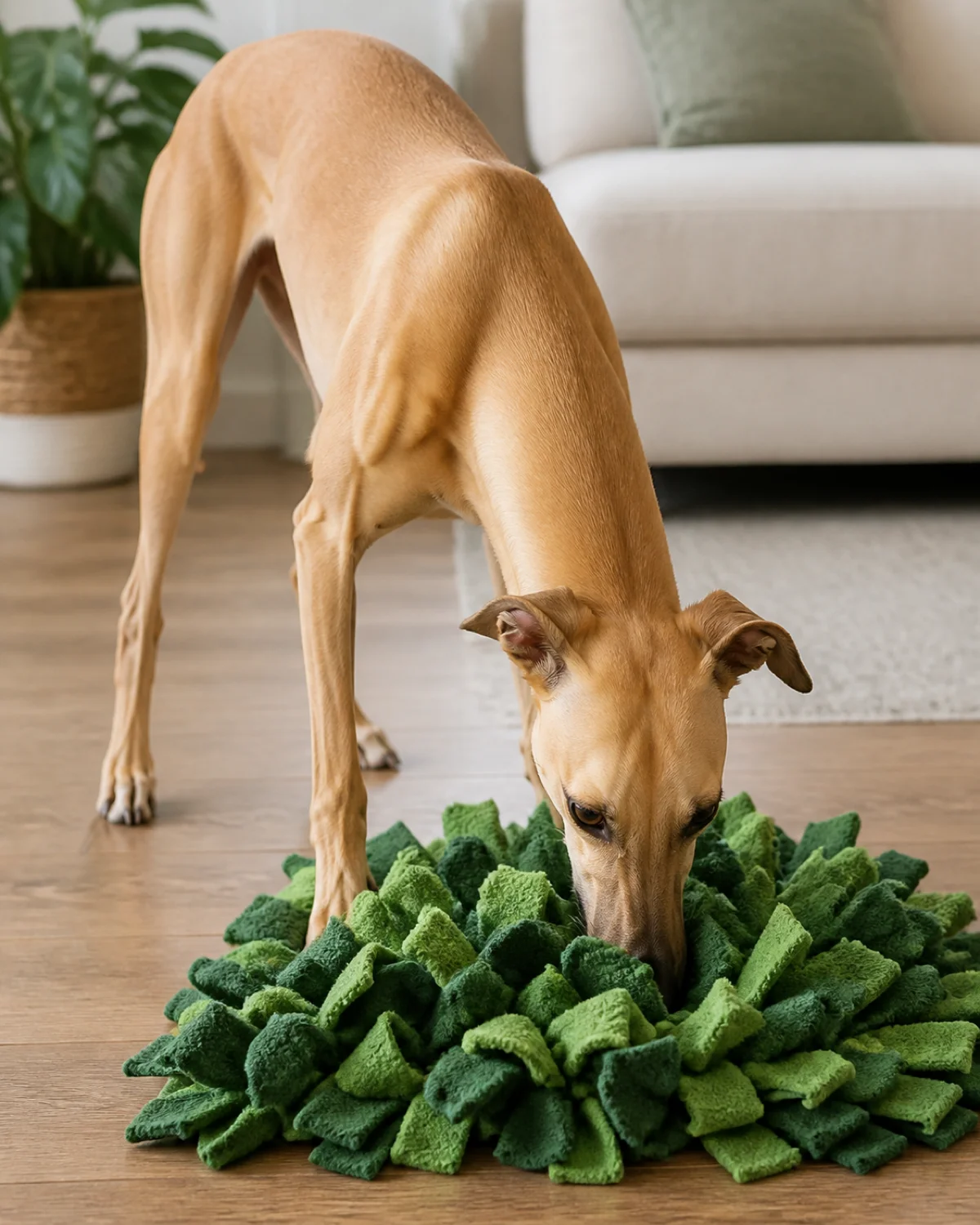 a lean deep-chested dog with a tucked waist very long slim legs a short fawn coat and rose-folded semi-erect ears nose buried deep in a green fleece snuffle mat ears forward fully absorbed living room floor soft diffused light