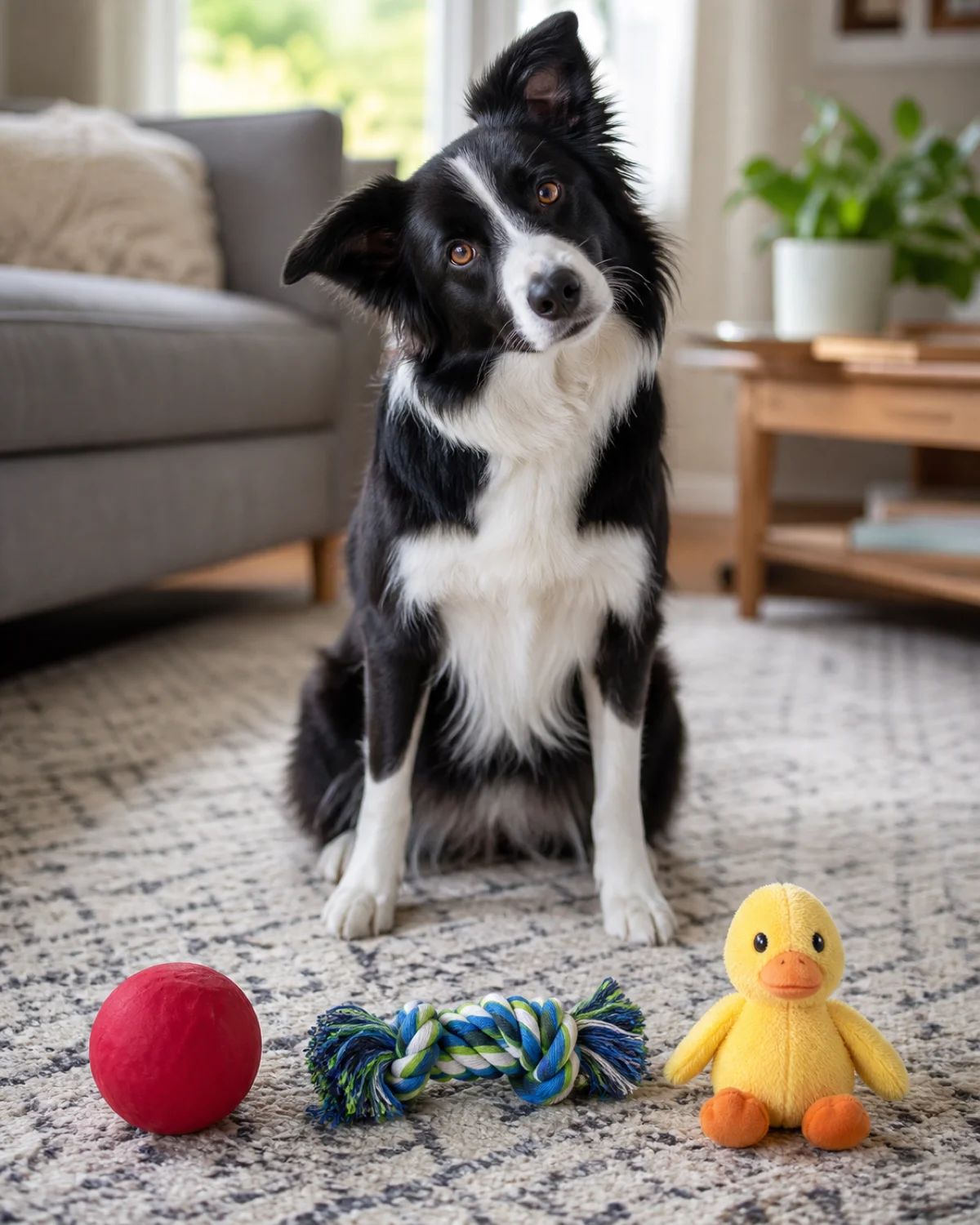 a medium athletic dog with a black-and-white coat white blaze and collar medium fur semi-erect ears and an intense gaze sitting in front of three different toys a rubber ball a rope toy and a stuffed duck spread on a rug head tilted listening to a command