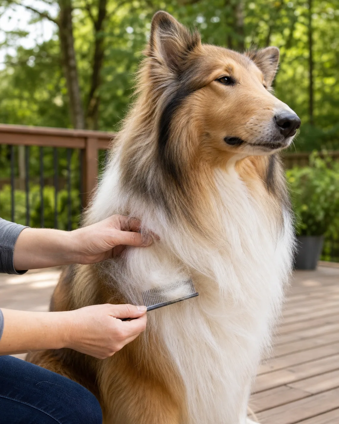 a large fluffy sable-and-cream double-coated dog sitting while a person draws a fine-toothed flea comb through the dense neck ruff