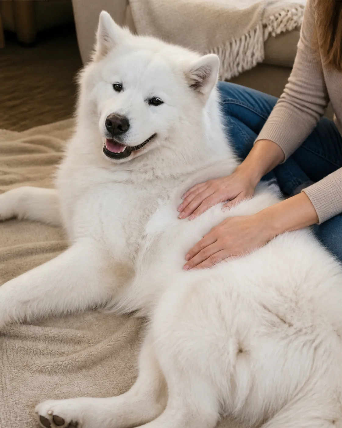 a large fluffy white double-coated dog standing on a bath mat while a person runs flat palms slowly along its back pressing through the thick fur