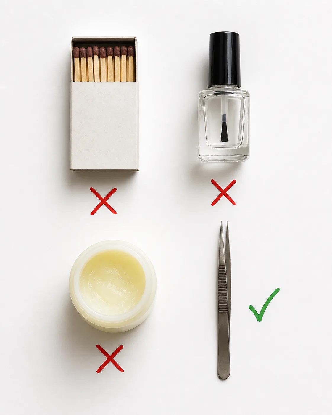 a calm scene showing fine-tipped tweezers and a tick removal hook on a clean towel beside a first-aid kit with no matches or chemicals visible