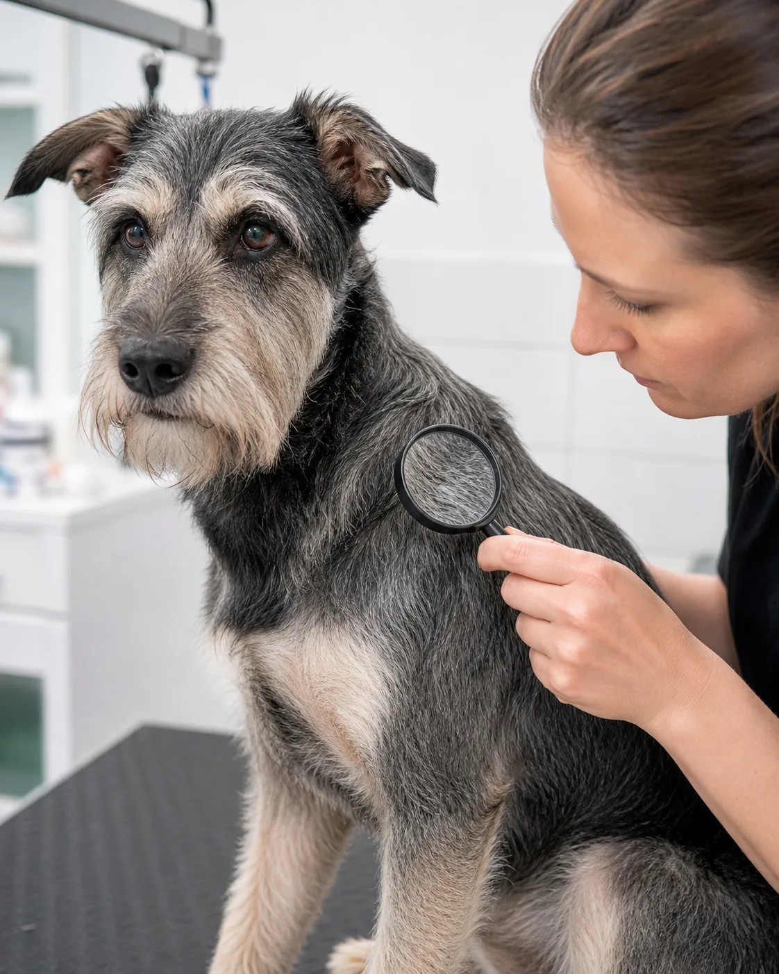 a senior dog with grey-muzzled tan coat lying calmly while a person uses a magnifying glass to examine a small bump on its shoulder