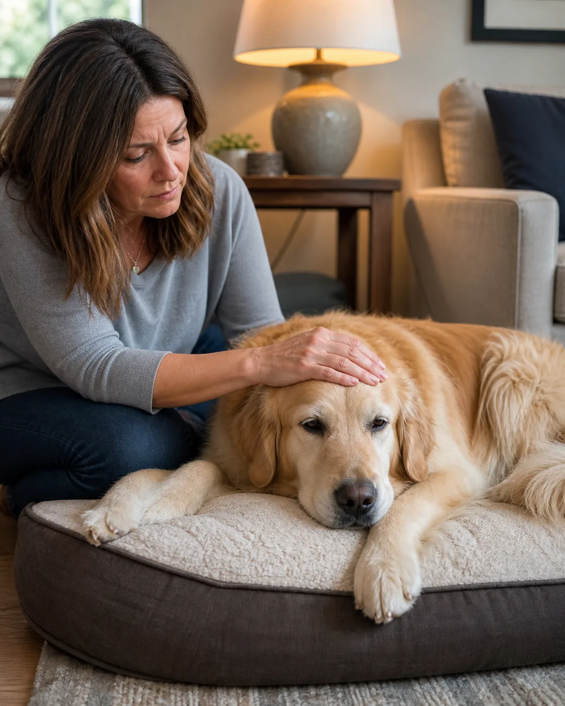 a medium golden-coated dog lying quietly on a dog bed looking slightly lethargic while a person sits nearby checking a thermometer