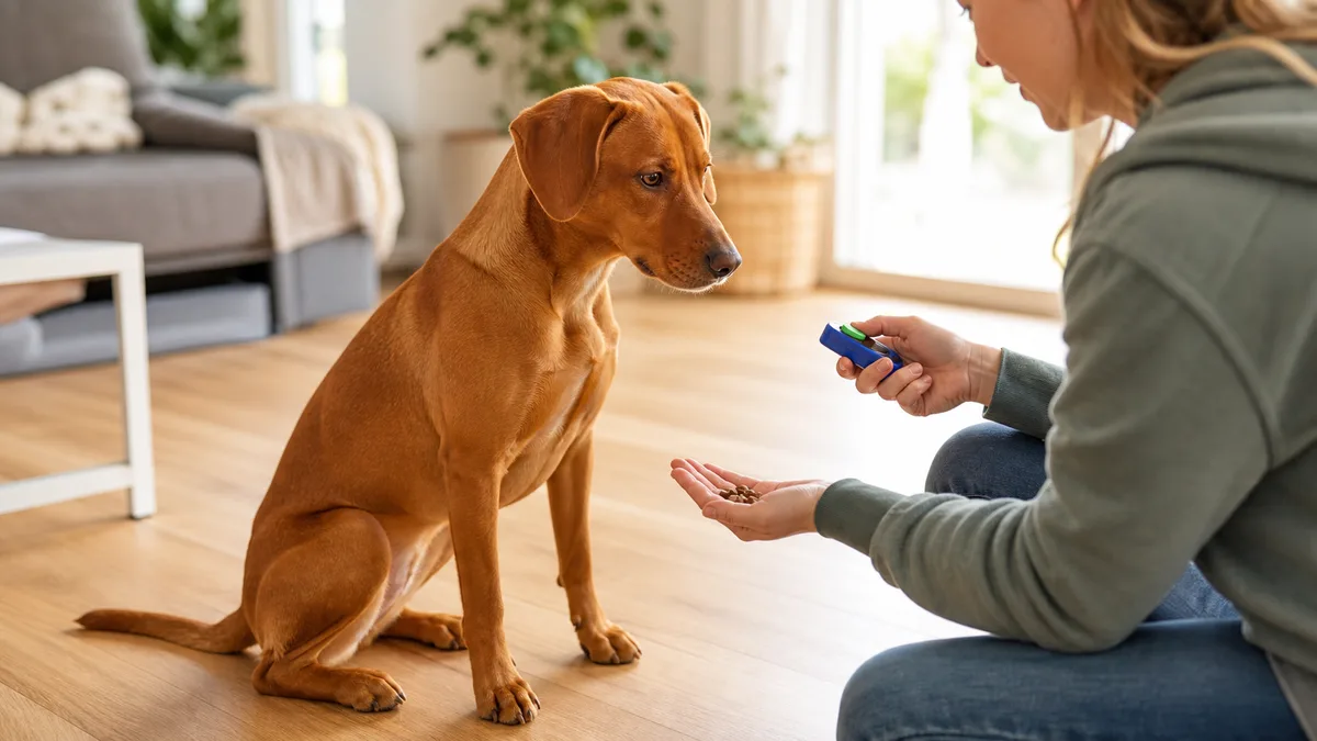 a medium sleek rusty golden-brown short-coated dog with floppy ears sitting on a light hardwood floor in a bright living room looking eagerly at a person crouching across from it holding a box clicker in one hand and a treat in the other warm natural light from a window
