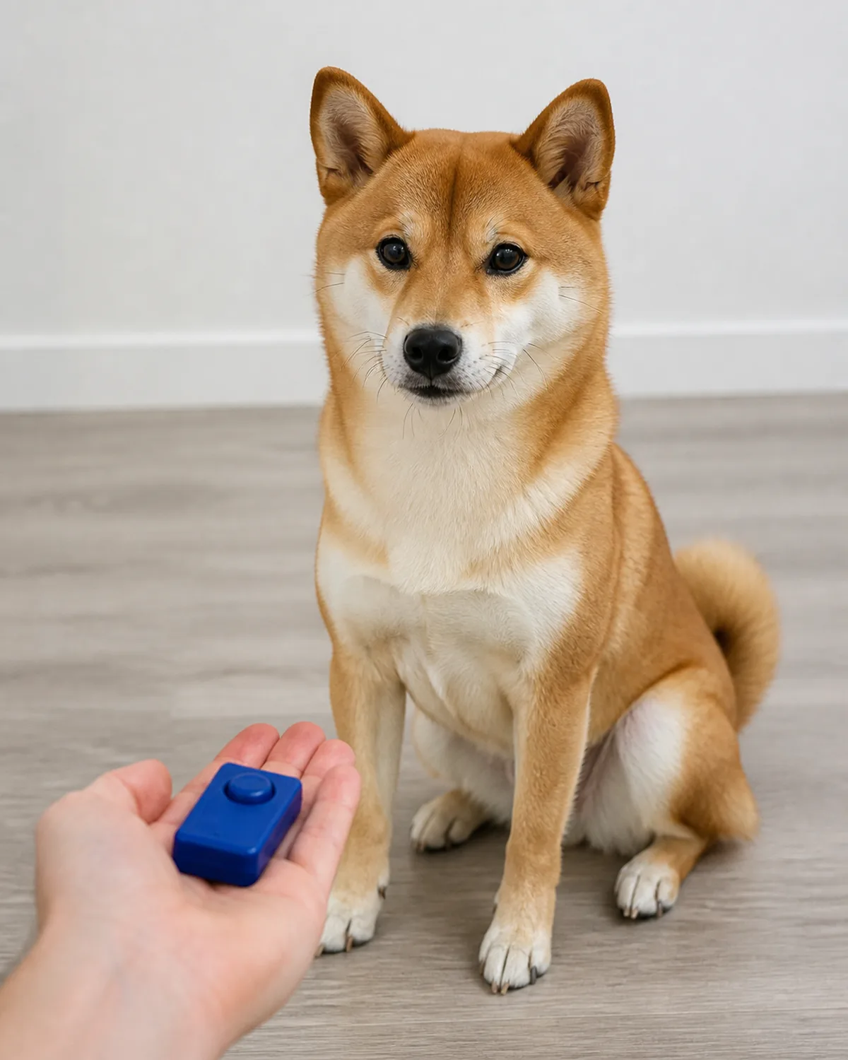 a small compact dog with a thick orange-red double coat and white underside erect ears and a curled tail sitting alertly on a clean floor staring intently at a blue box clicker held in a person open palm