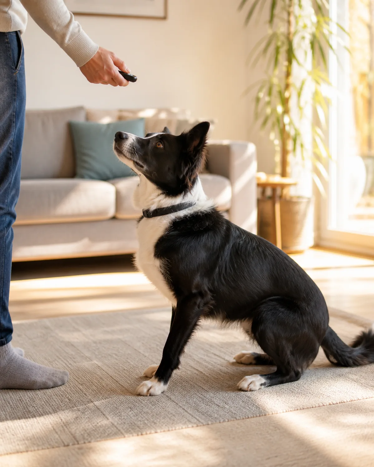 a medium athletic black-and-white dog with a white blaze semi-erect ears and intense gaze in the exact moment of transitioning from standing to sitting rear lowering toward floor person nearby with clicker ready warm afternoon light