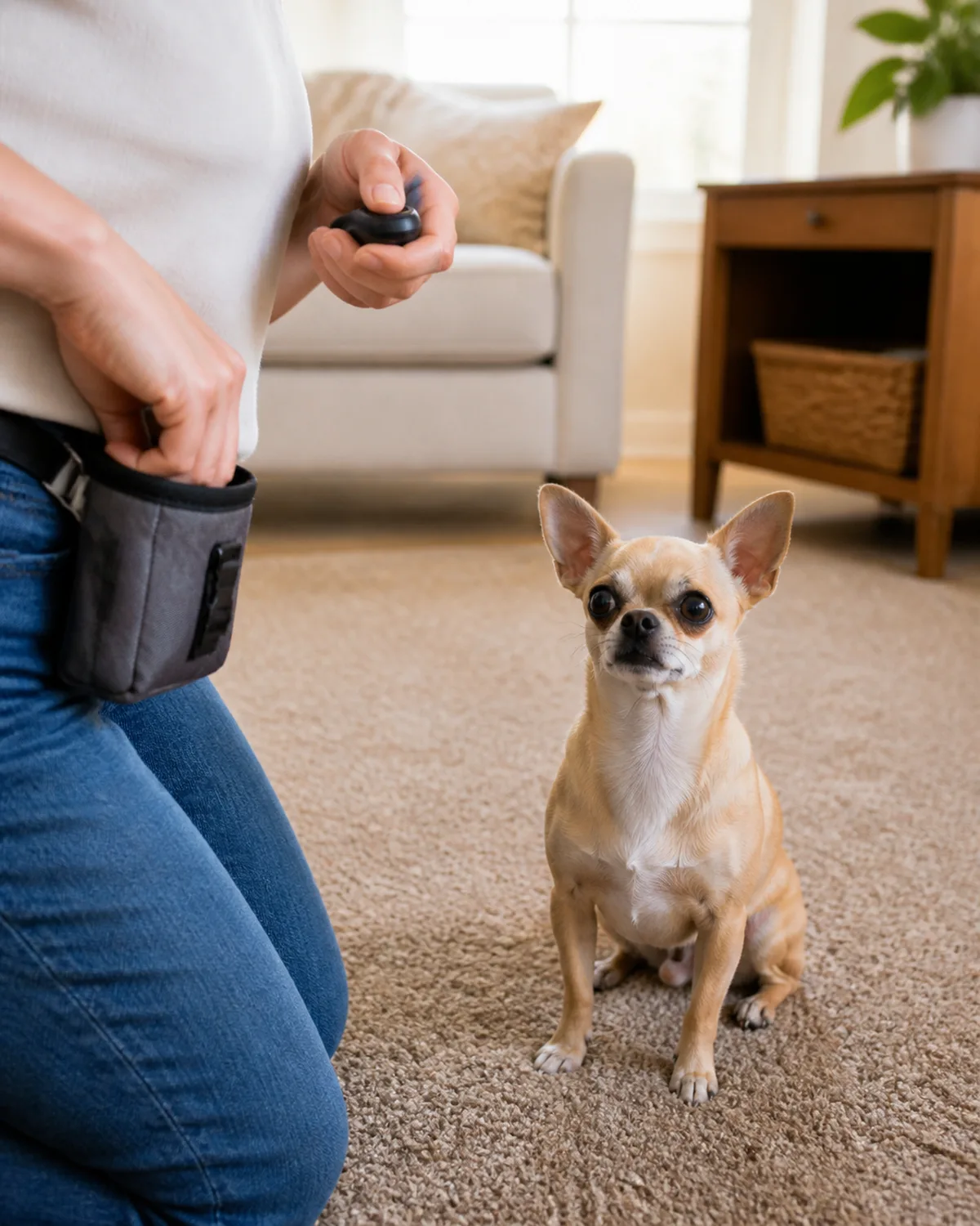 a tiny fawn-coated dog with an apple-domed head oversized erect ears and large round eyes sitting on a warm carpet looking at a person reaching into a treat pouch clipped to their waist other hand holding a small clicker bright natural light