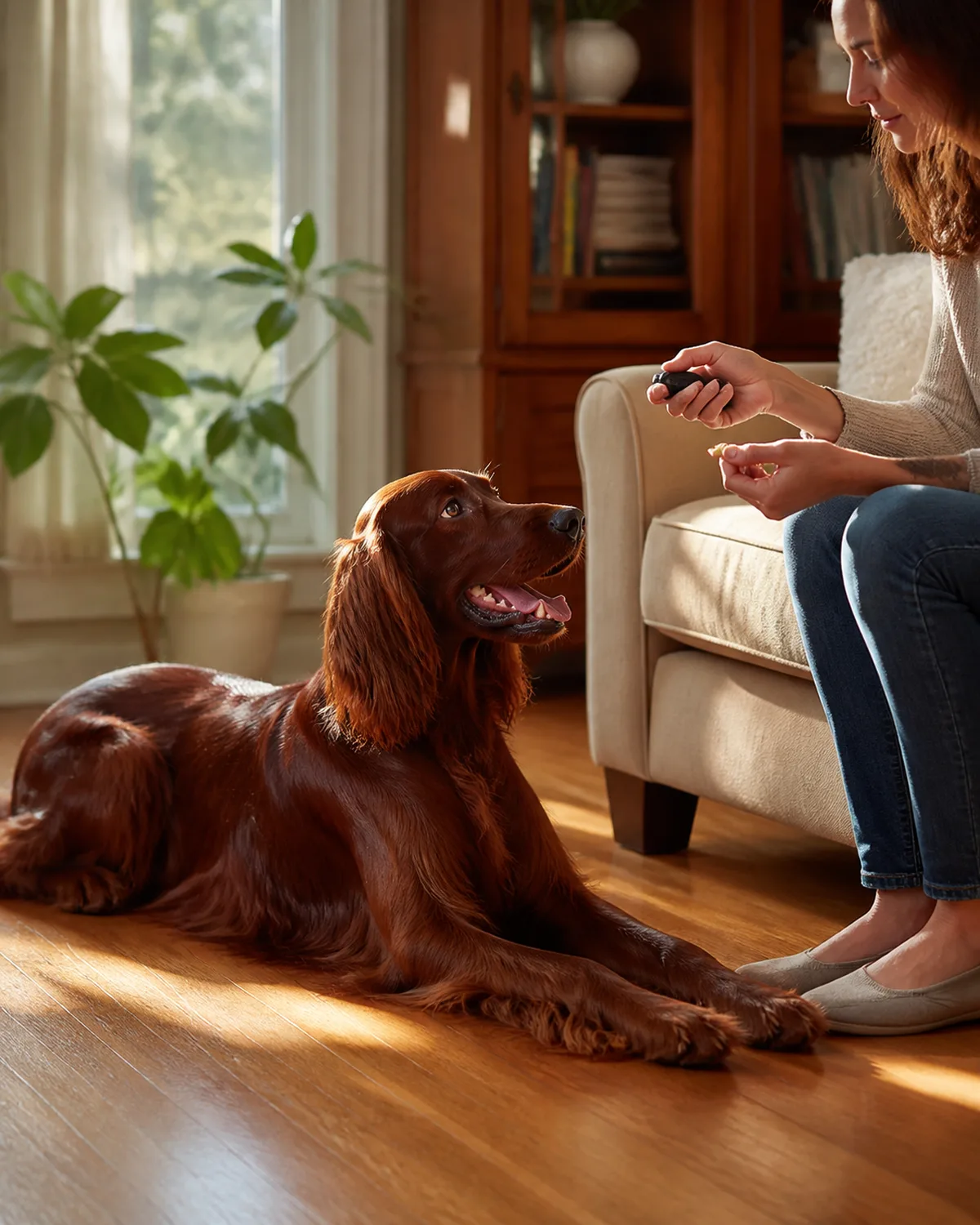 a large lean deep mahogany-red long silky feathered coat dog with floppy ears lying down naturally relaxed on a hardwood floor while a person on a nearby sofa holds a clicker pressing the button and a treat ready warm golden afternoon light