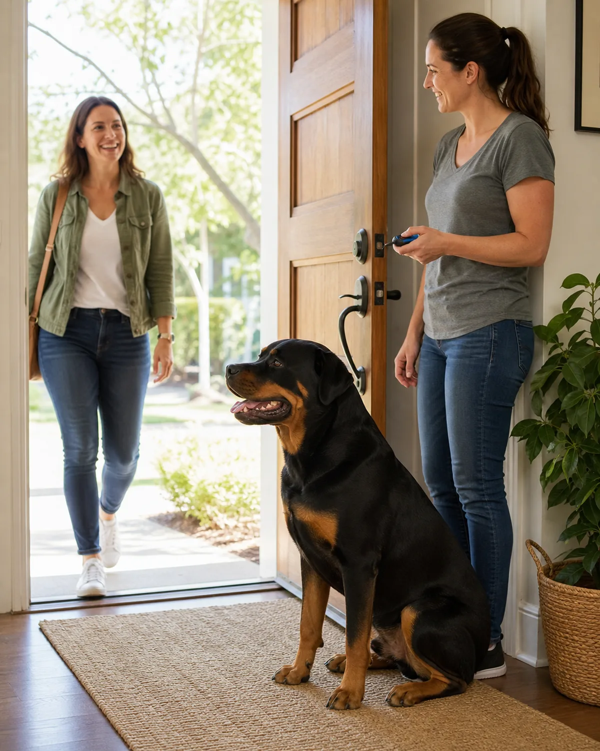 a large powerful black-and-tan short-coated dog with broad blocky head and floppy ears sitting calmly with all four paws on the floor beside an open front door person walking in through the door another person beside the dog holding a clicker and smiling warm natural light through doorway