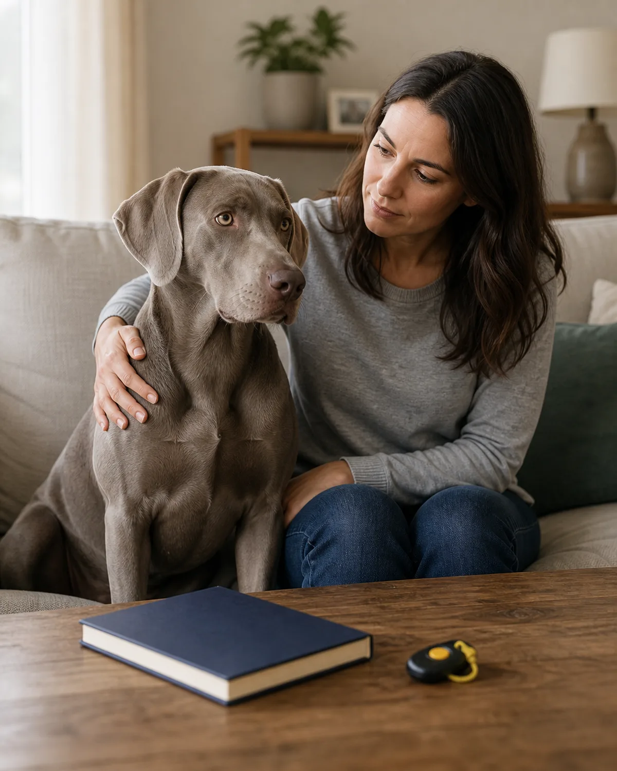 a large sleek silver-grey short-coated dog with floppy ears pale eyes and athletic build sitting beside a person on a living room sofa person hand resting gently on the dog shoulder a training book and clicker on the coffee table warm diffused window light