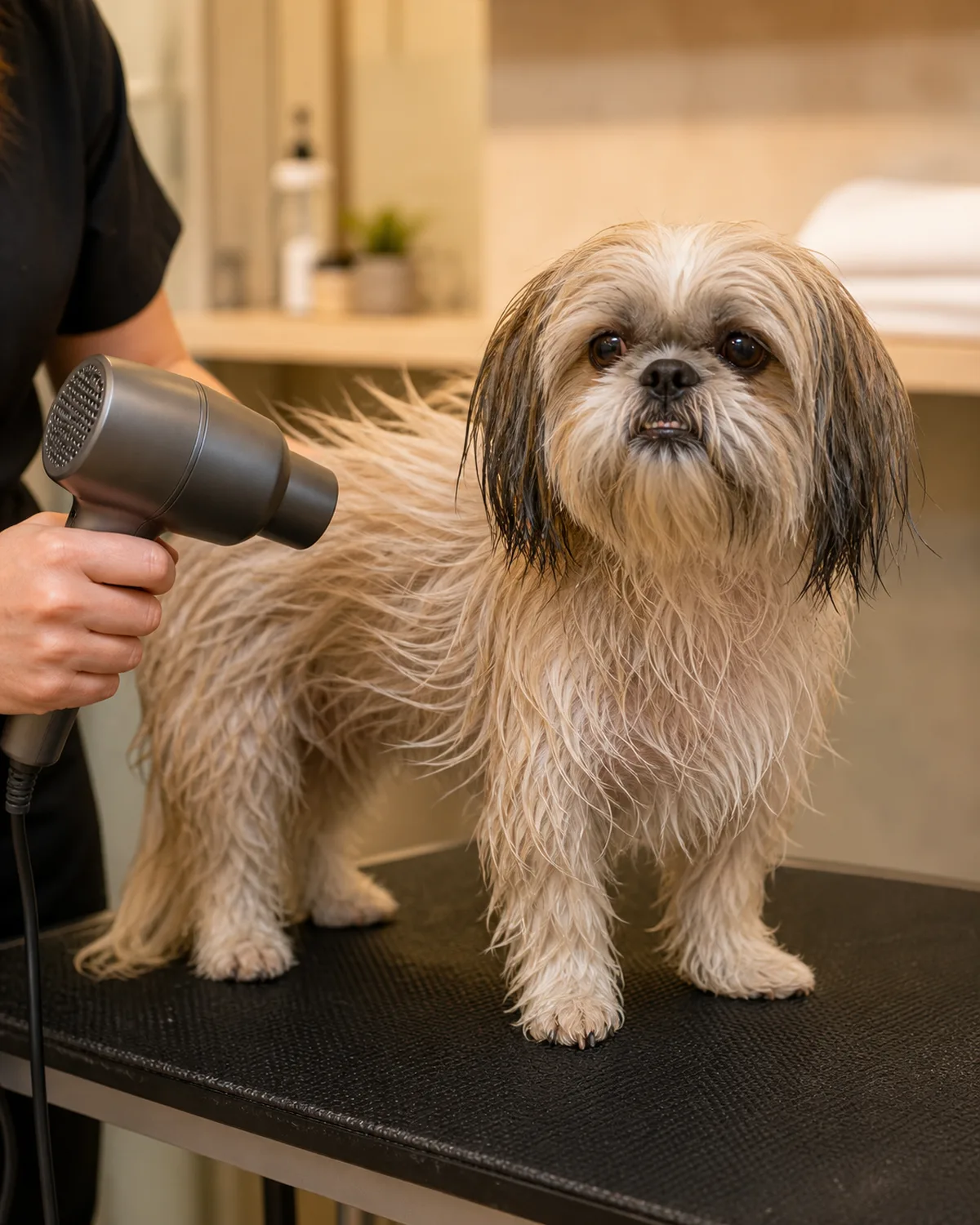 a small dog with a long silky cream-and-grey coat standing on a grooming table while a handheld dryer on low setting blows gently from twelve inches away at its side