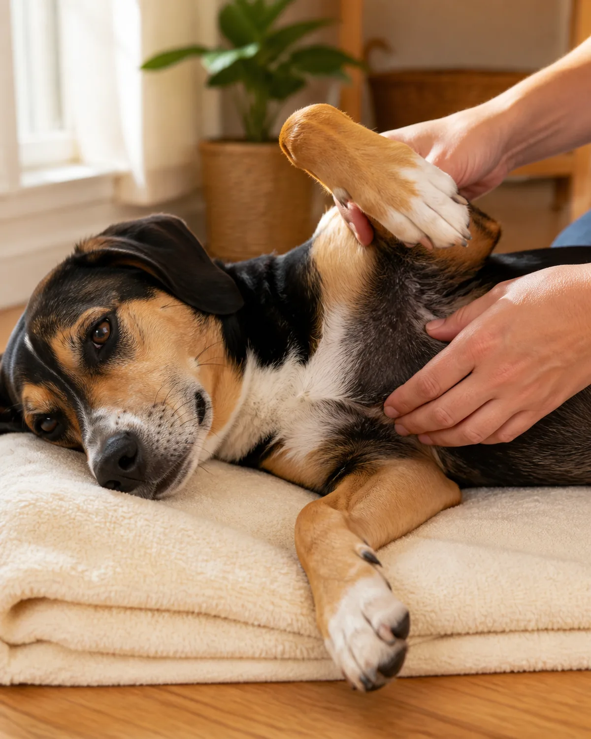 a medium compact dog with a tricolor short coat lying relaxed on its side on a towel while a person checks the armpit area lifting the front leg slightly