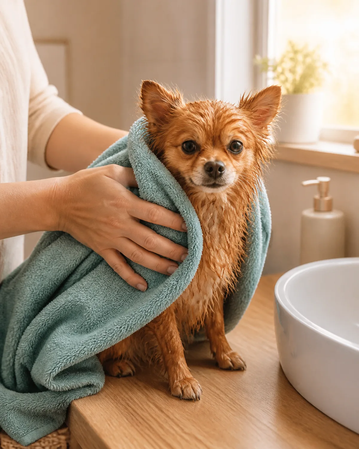 a tiny dog with a profuse fluffy orange double coat that is damp being gently patted dry with a large teal microfiber towel by human hands