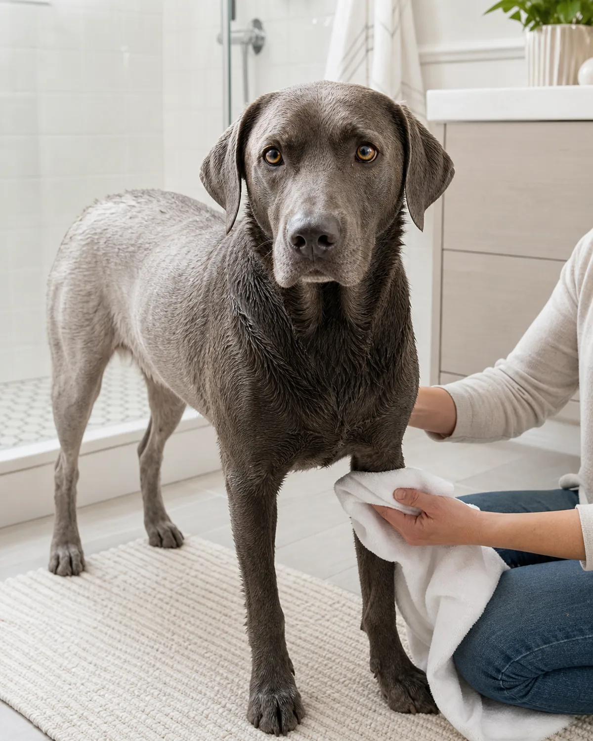 a large sleek dog with a smooth silver-grey short coat where the back half is visibly drier while the front is still damp standing on a bath mat being dried by a person