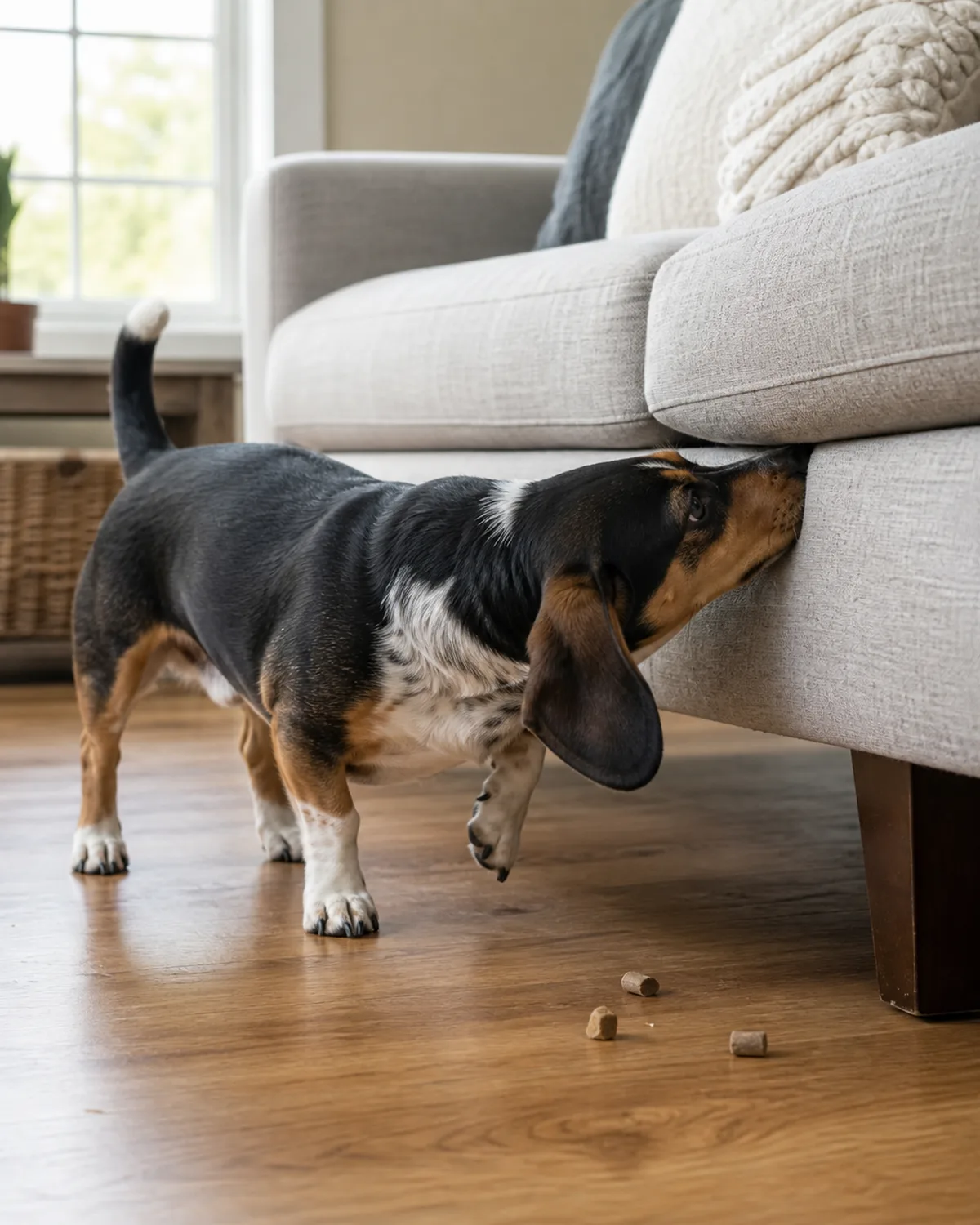 a small sturdy tricolor short-coated hound with long low-set floppy ears nose pressed to the gap under a couch cushion sniffing intently one paw up a few small treats visible on the hardwood floor bright living room with natural light