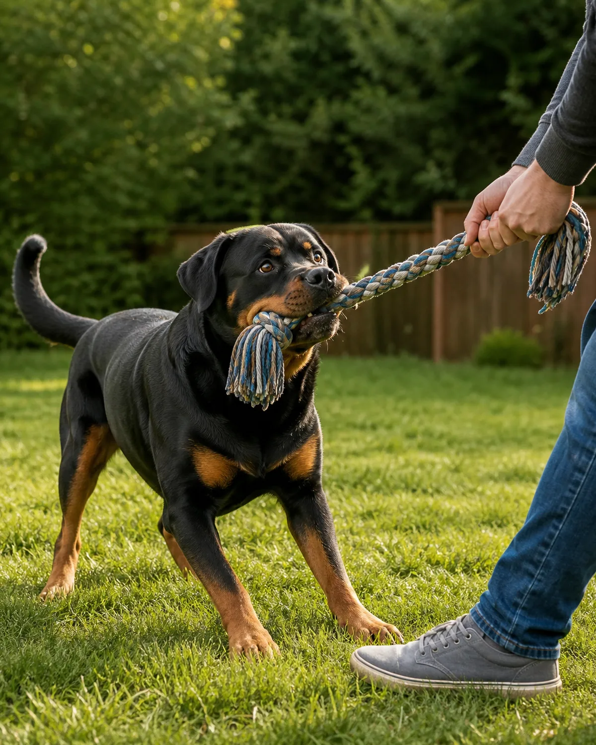 a large powerful black-and-tan short-coated dog with a broad blocky head and floppy ears gripping one end of a thick braided rope toy while a person holds the other end both leaning back in a playful tug the dogs tail wagging grassy backyard warm afternoon light