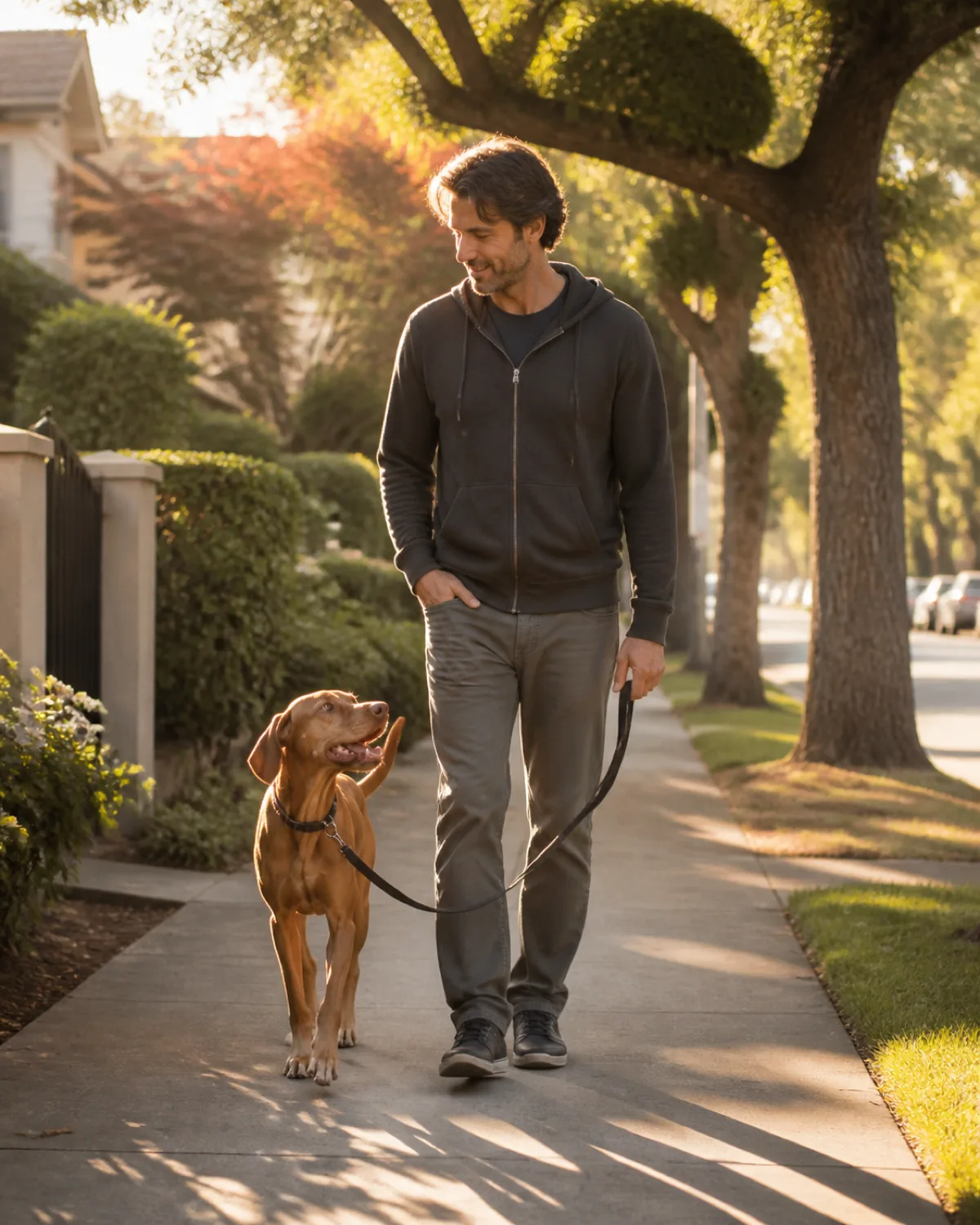 a medium-large sleek dog with a uniform rusty golden-brown short coat and floppy ears walking happily beside a person on a tree-lined sidewalk in early morning golden light on a loose leash in a residential neighborhood