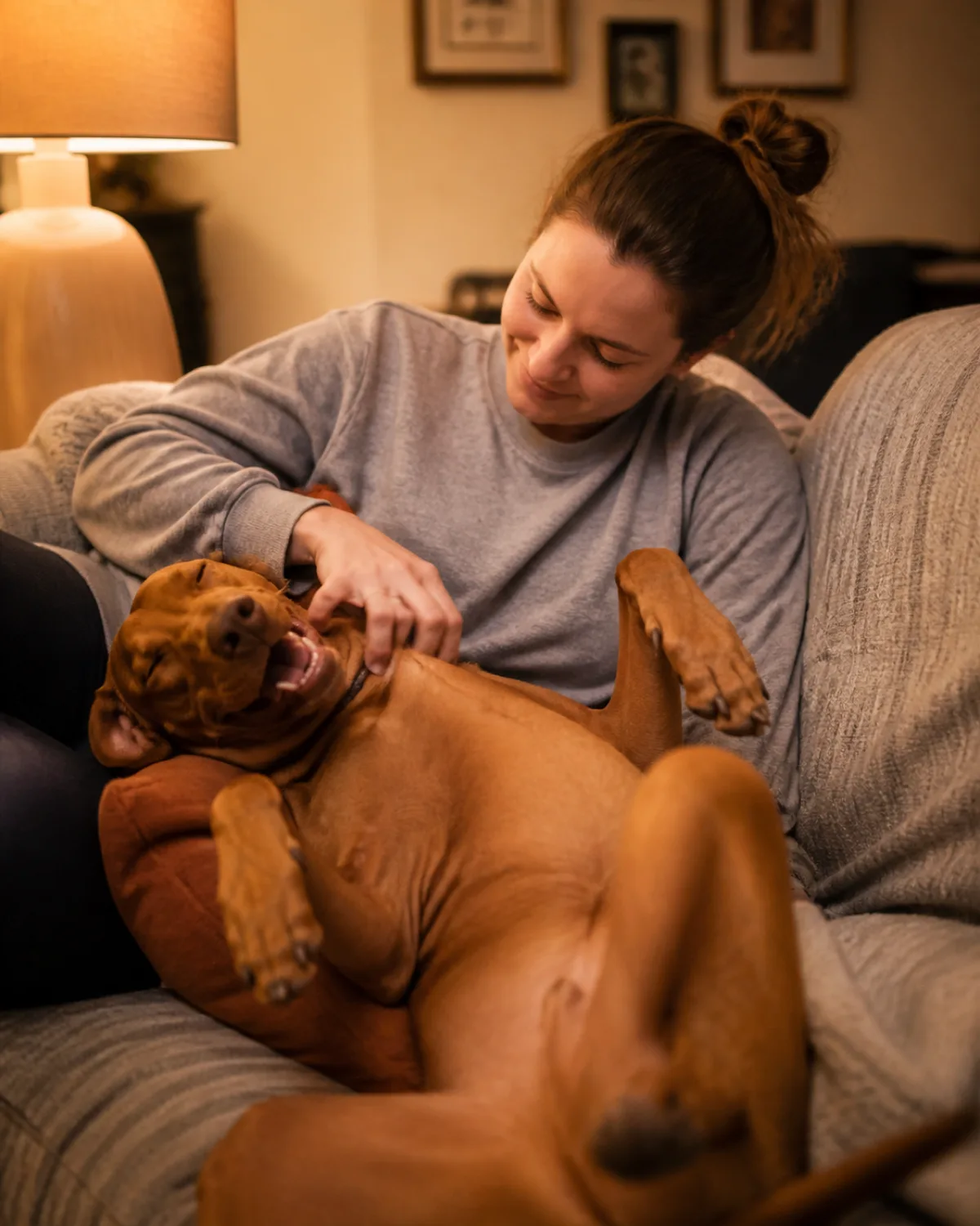 a person sitting on a couch giving belly rubs to a medium-large sleek dog with a uniform rusty golden-brown short coat and floppy ears lying on its back with relaxed legs and a happy content expression in cozy living room evening warm lamp light