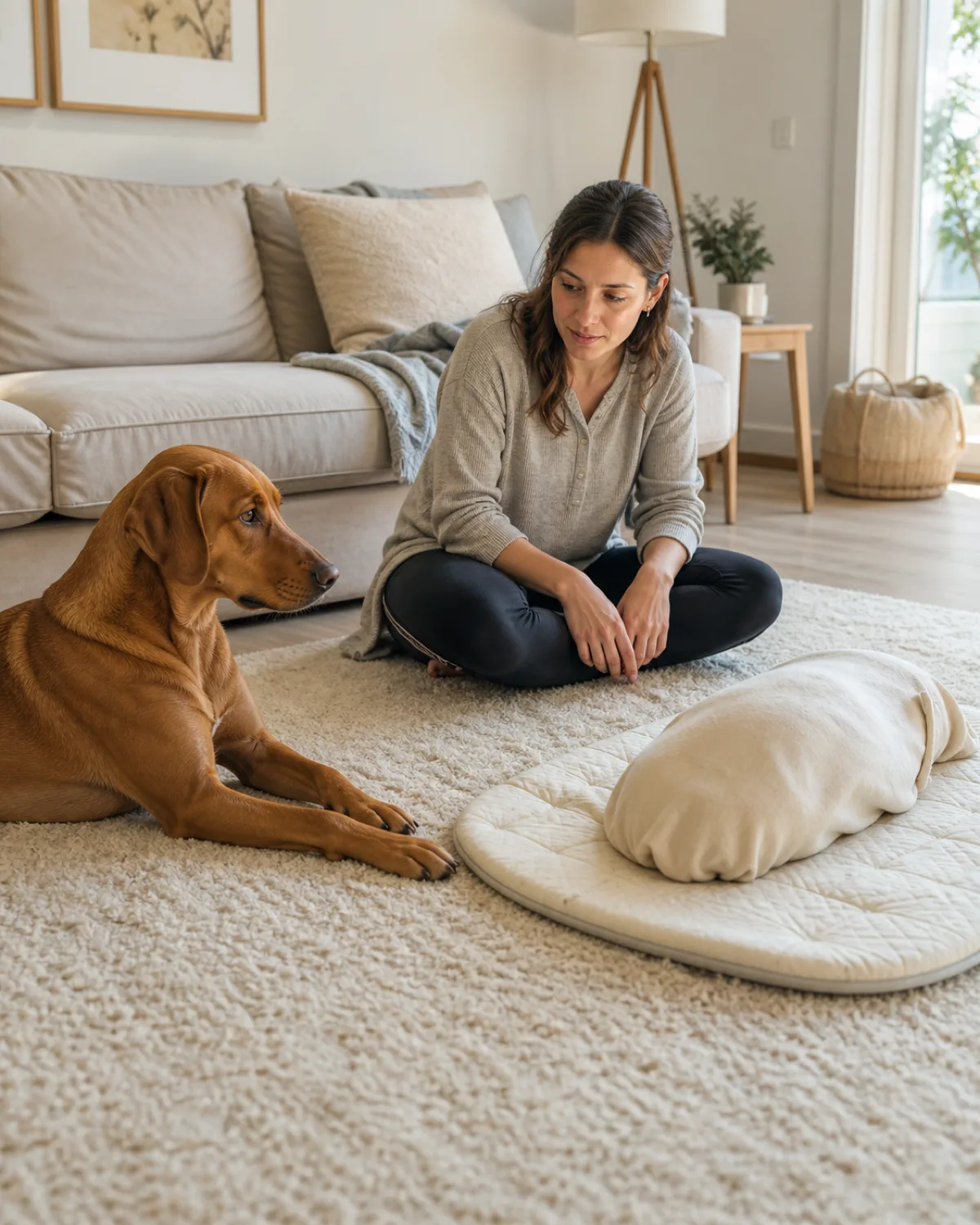 a bright living room with a person seated on the floor on a cream rug and a medium-large sleek dog with a uniform rusty golden-brown short coat and floppy ears lying nearby at about four feet from a small blanket-wrapped bundle on a play mat with the person between dog and bundle in morning light